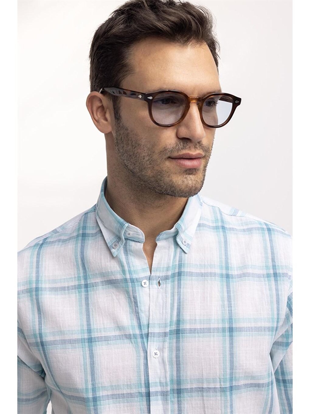 Tudors Klasik Fit Uzun Kol Ketenli Ekose Erkek Turkuaz Gömlek-1