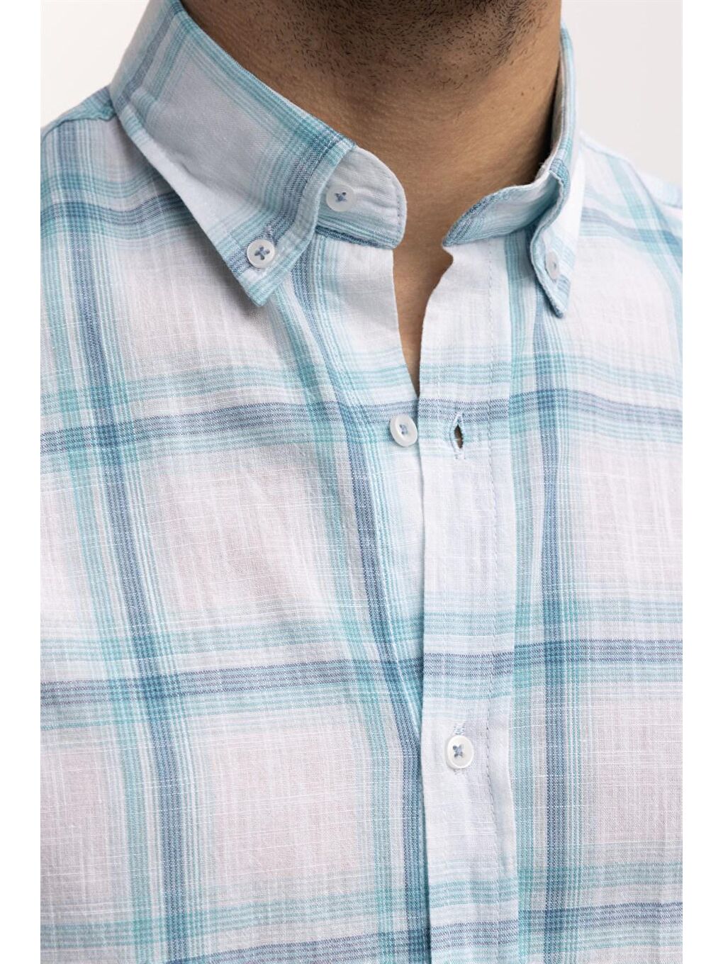 Tudors Klasik Fit Uzun Kol Ketenli Ekose Erkek Turkuaz Gömlek-2