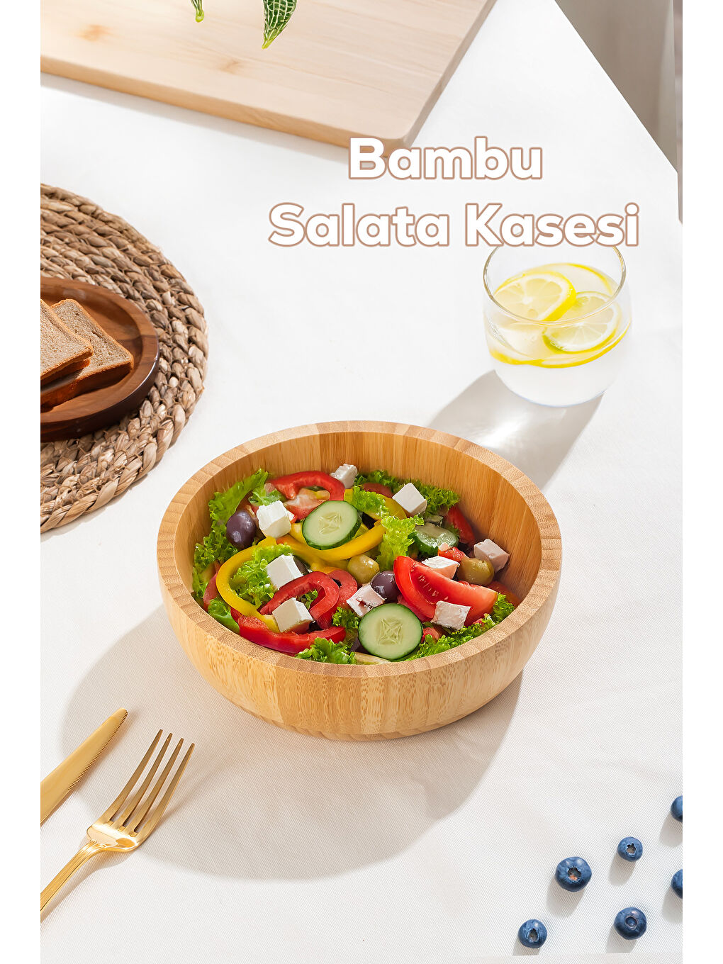 Kahverengi 2061 Orta Boy Doğal Bambu Salata Kasesi 20cm