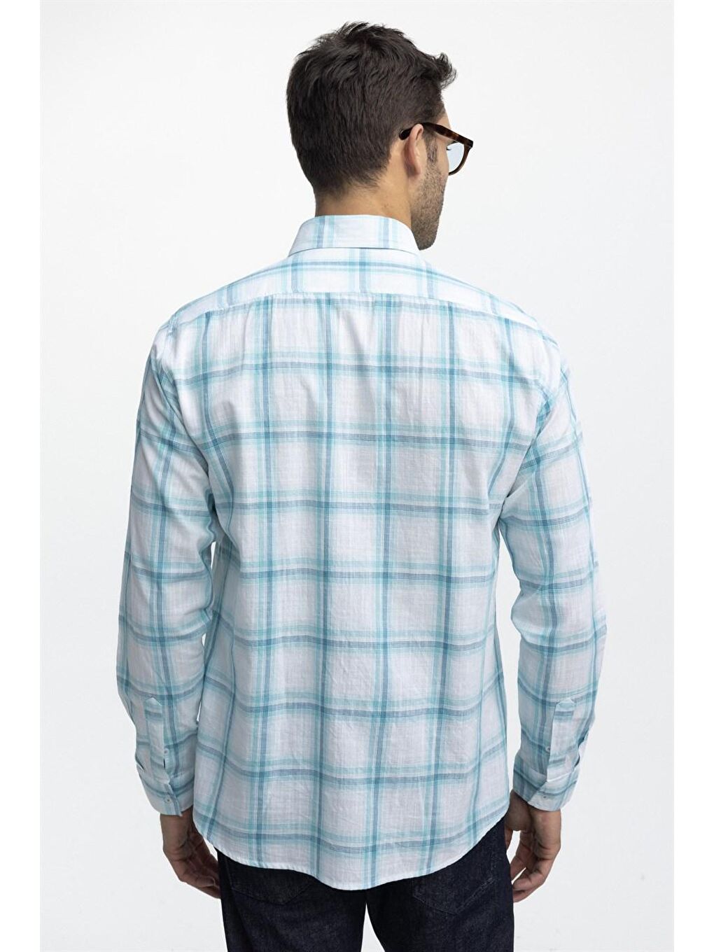 Tudors Klasik Fit Uzun Kol Ketenli Ekose Erkek Turkuaz Gömlek-3
