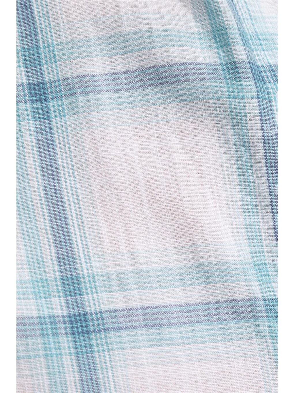 Tudors Klasik Fit Uzun Kol Ketenli Ekose Erkek Turkuaz Gömlek-4