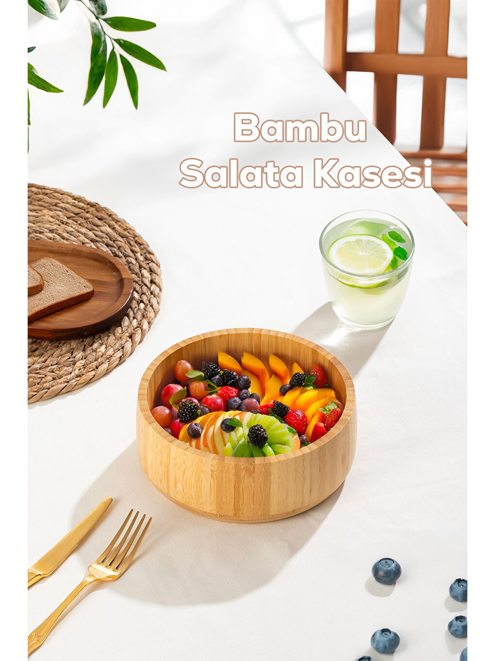 Kahverengi 2074 Orta Boy Doğal Bambu Salata Kasesi 18cm