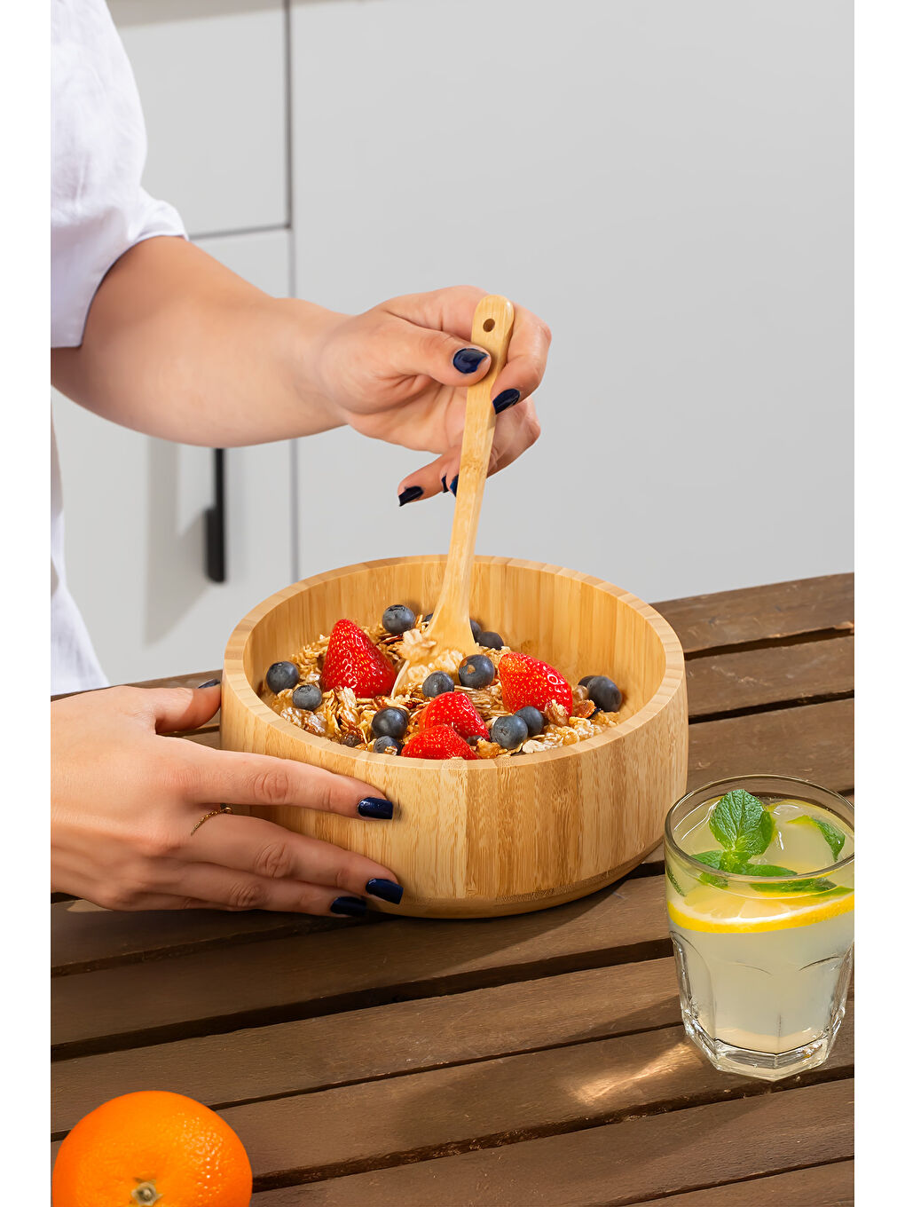 Kahverengi 2074 Orta Boy Doğal Bambu Salata Kasesi 18cm-1