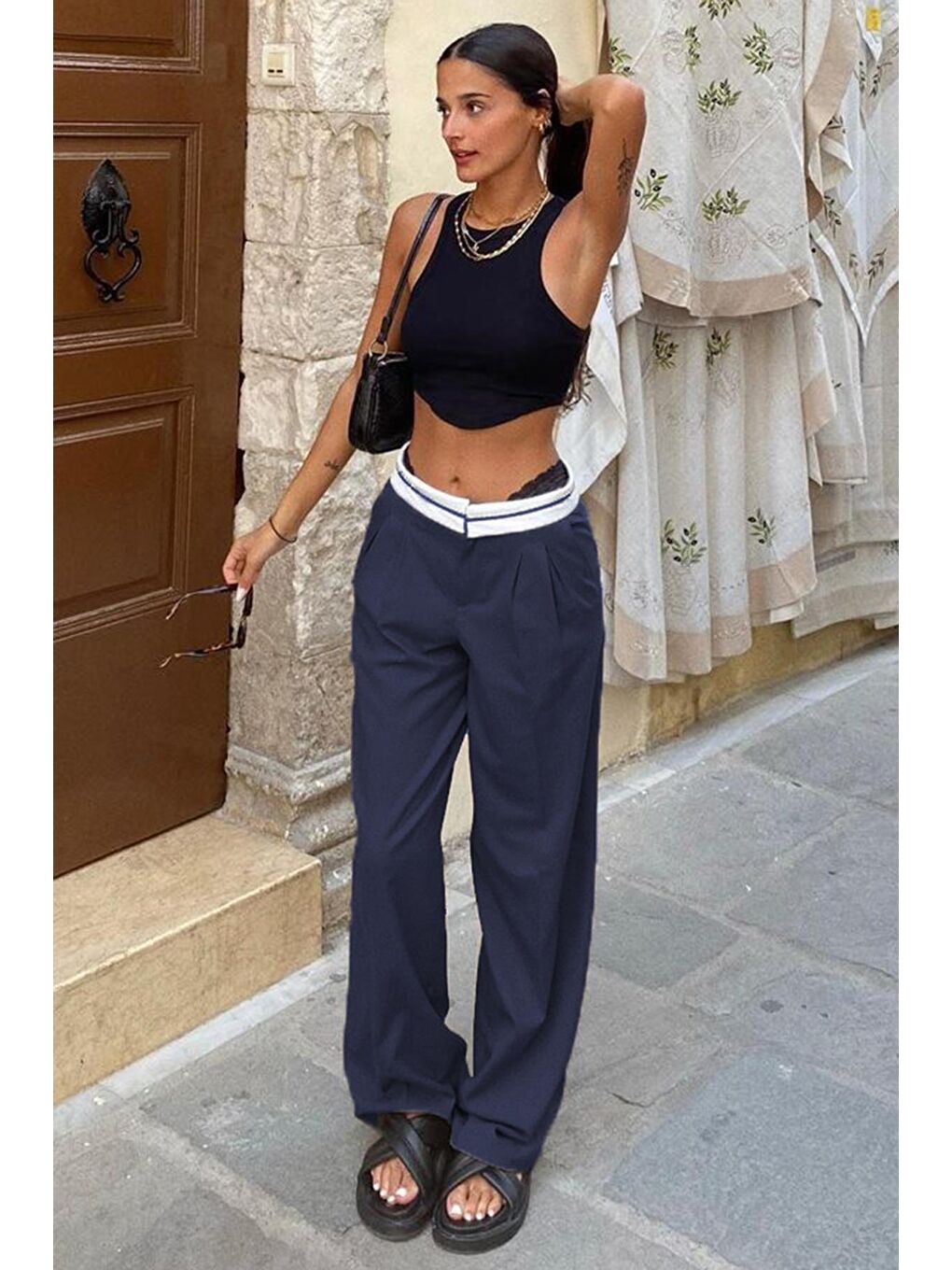 Lacivert Kemer Detaylı Bol Paça Pantolon Mg1834-1