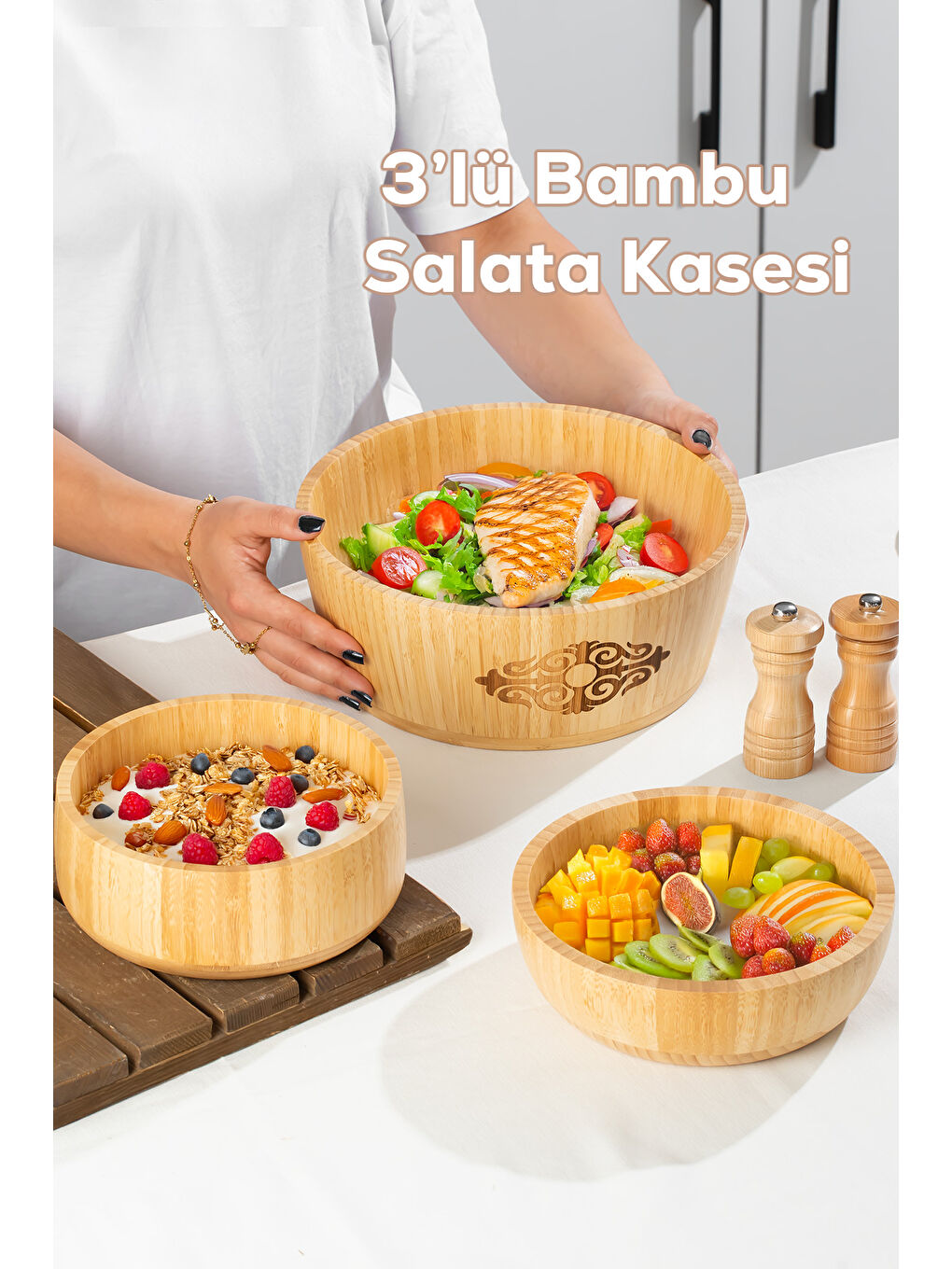 Karışık 3lü Doğal Bambu Salata Kasesi Seti