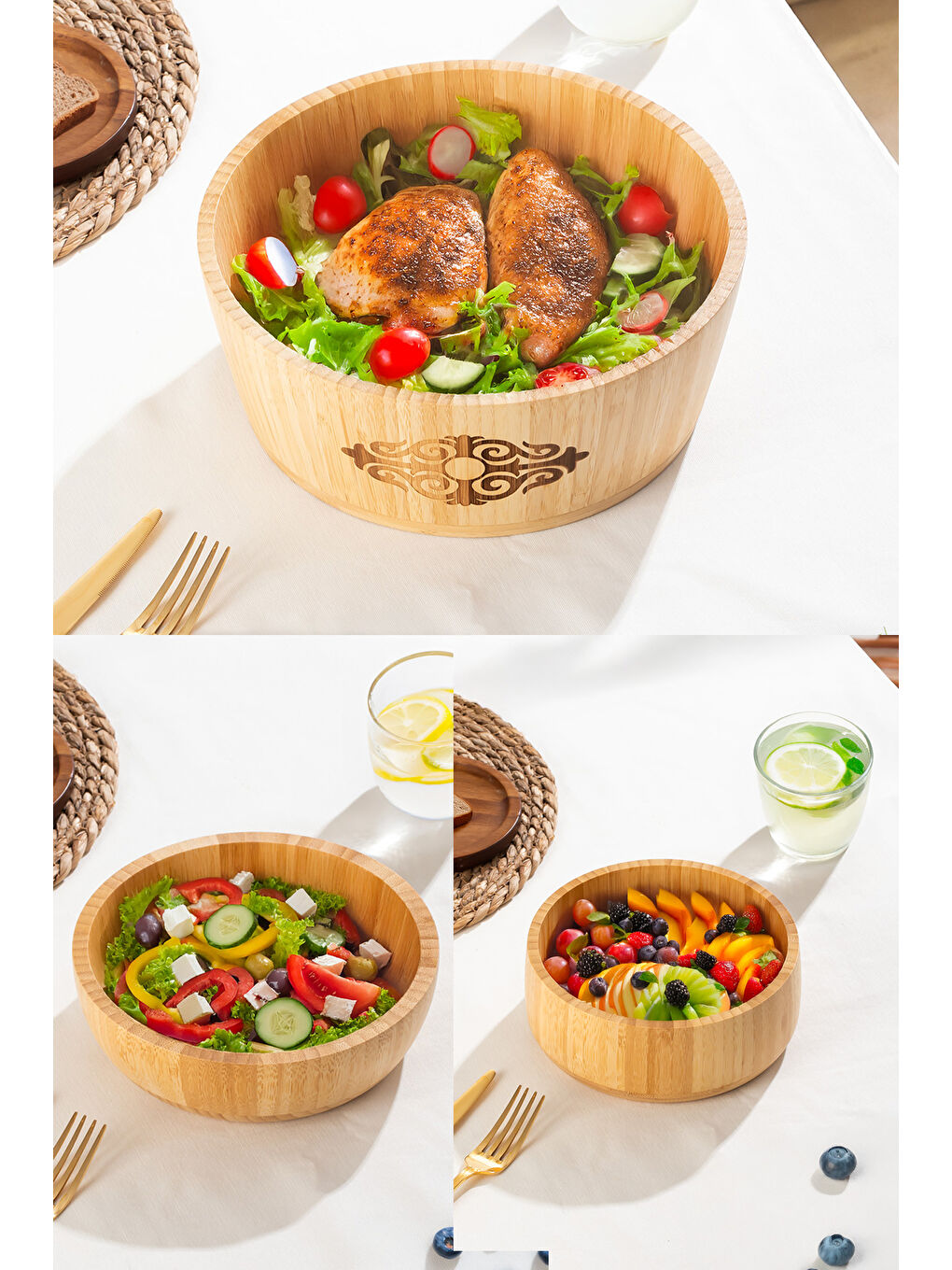 Karışık 3lü Doğal Bambu Salata Kasesi Seti-1