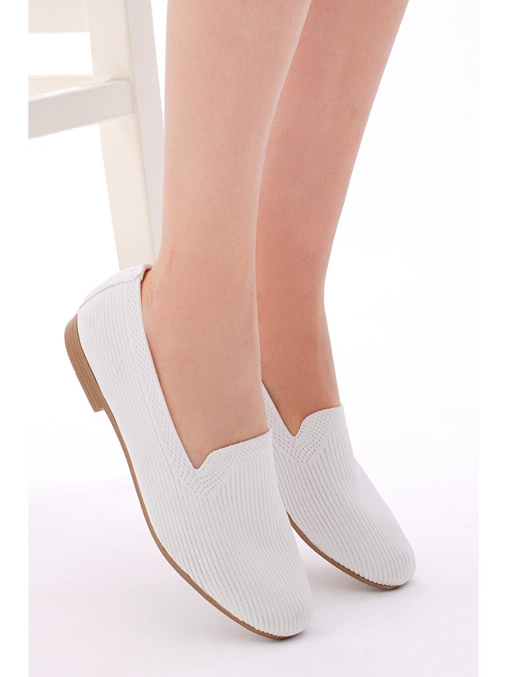 Kadın Beyaz Rahat Kalıp Düz Örgü Babet