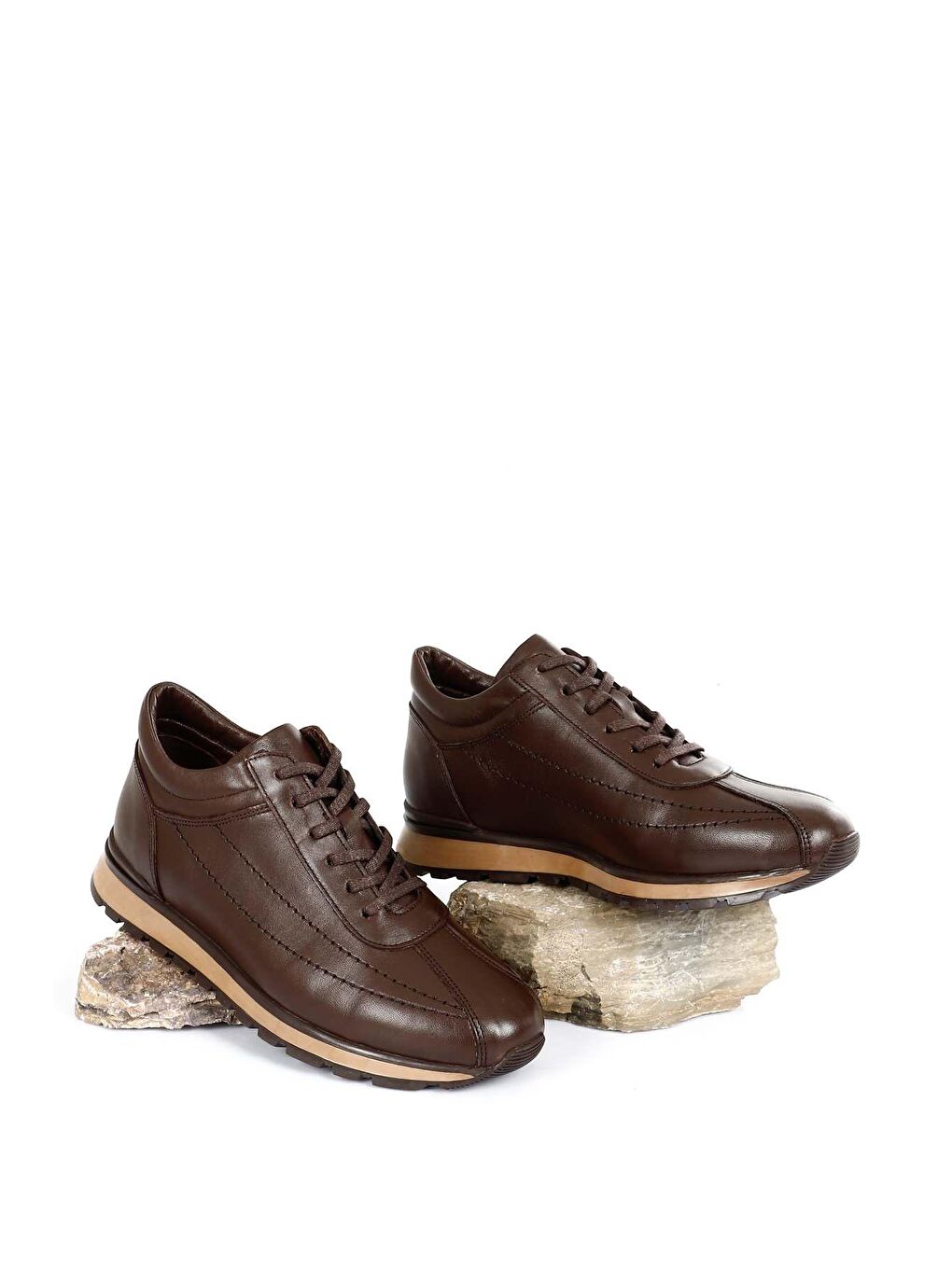 Kahverengi Hakiki Deri Bağcıklı Erkek Günlük Sneaker 01333