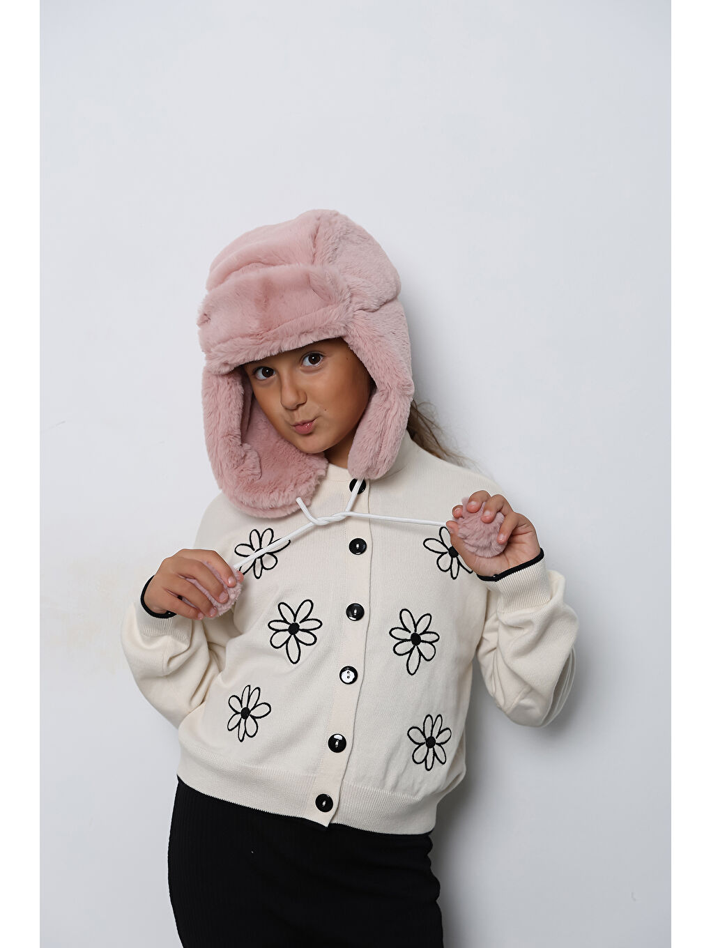 Luminos Butik Pembe Kız Çocuk Pudra Kürklü Kulaklıklı Pelüş Bere Şapka BERE1115