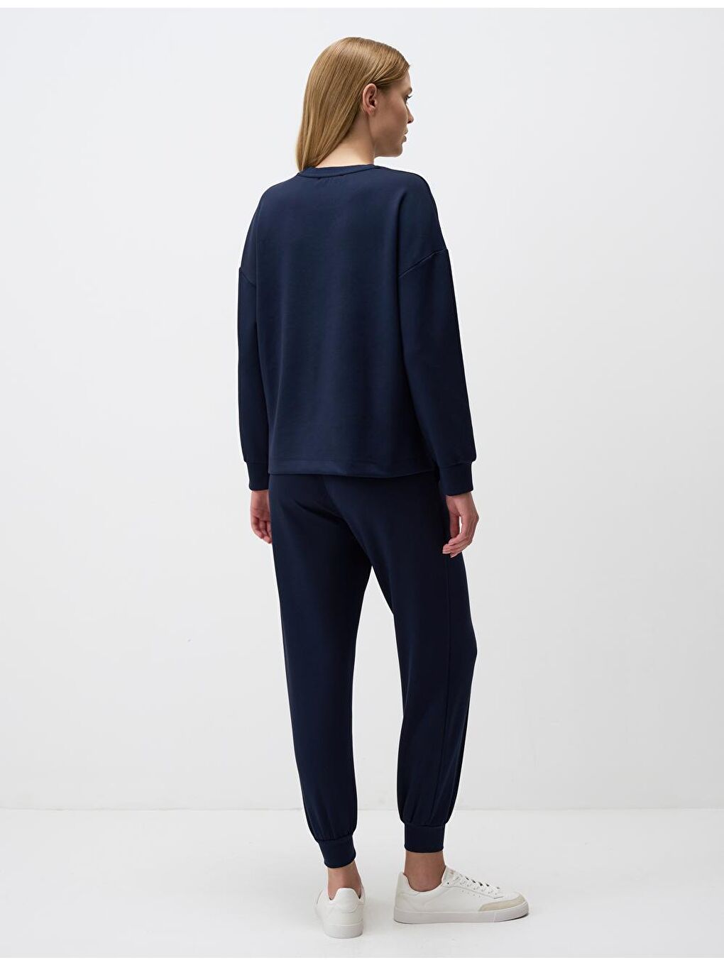 Lacivert Bisiklet Yaka Uzun Kollu Oversize Sweatshirt-5