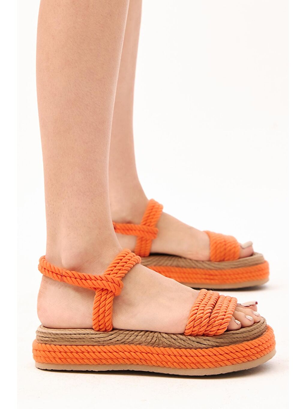 Turuncu Kadın Oranj Rahat Kalıp Bantlı Yüksek Taban Halat Sandalet