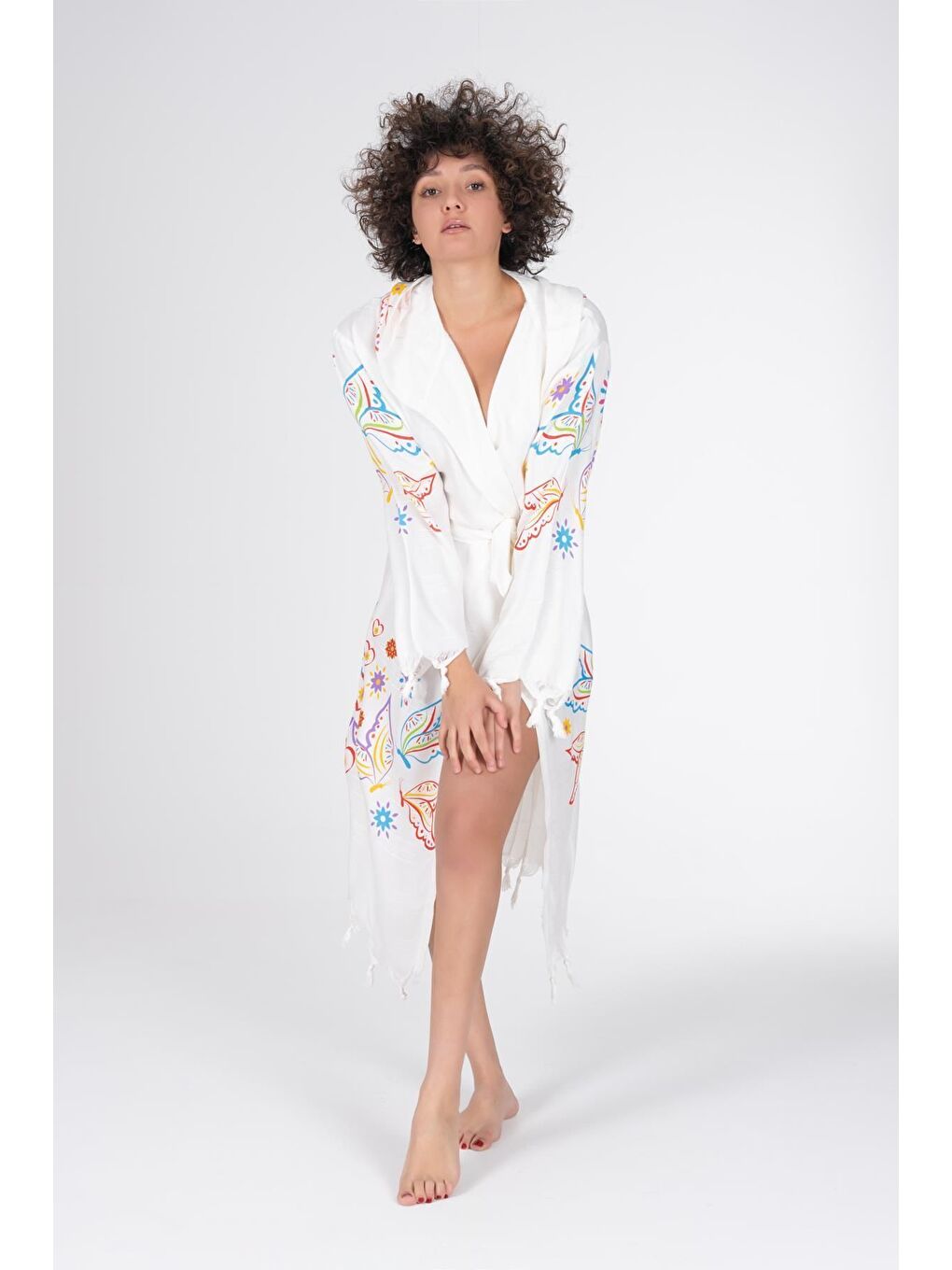 Ekru Baskılı Bambu Peştemal Sabahlık Bornoz BUTTERFLY/L