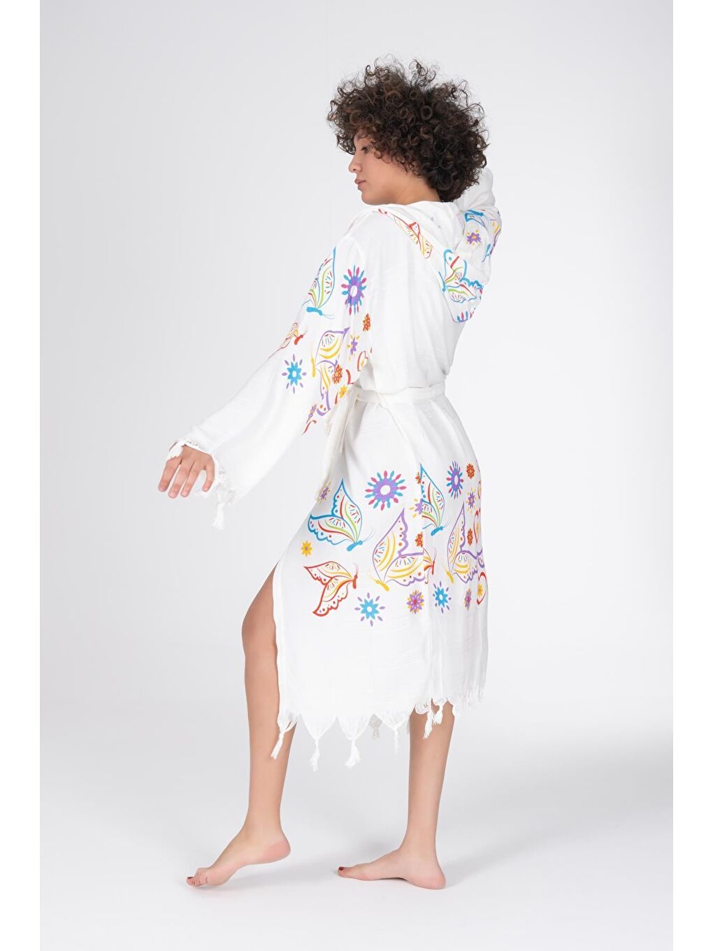 Ekru Baskılı Bambu Peştemal Sabahlık Bornoz BUTTERFLY/L-2