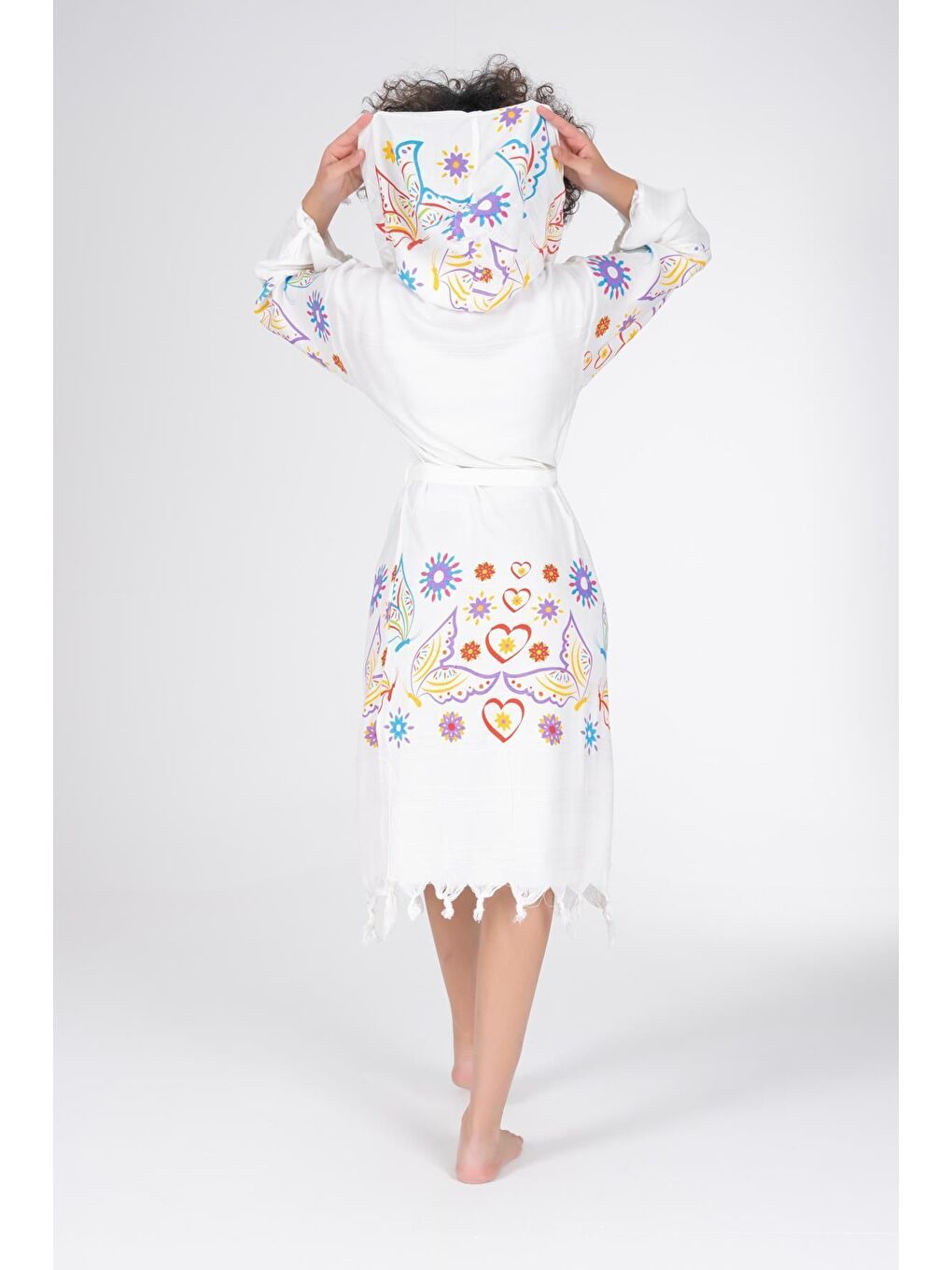 Ekru Baskılı Bambu Peştemal Sabahlık Bornoz BUTTERFLY/L-3