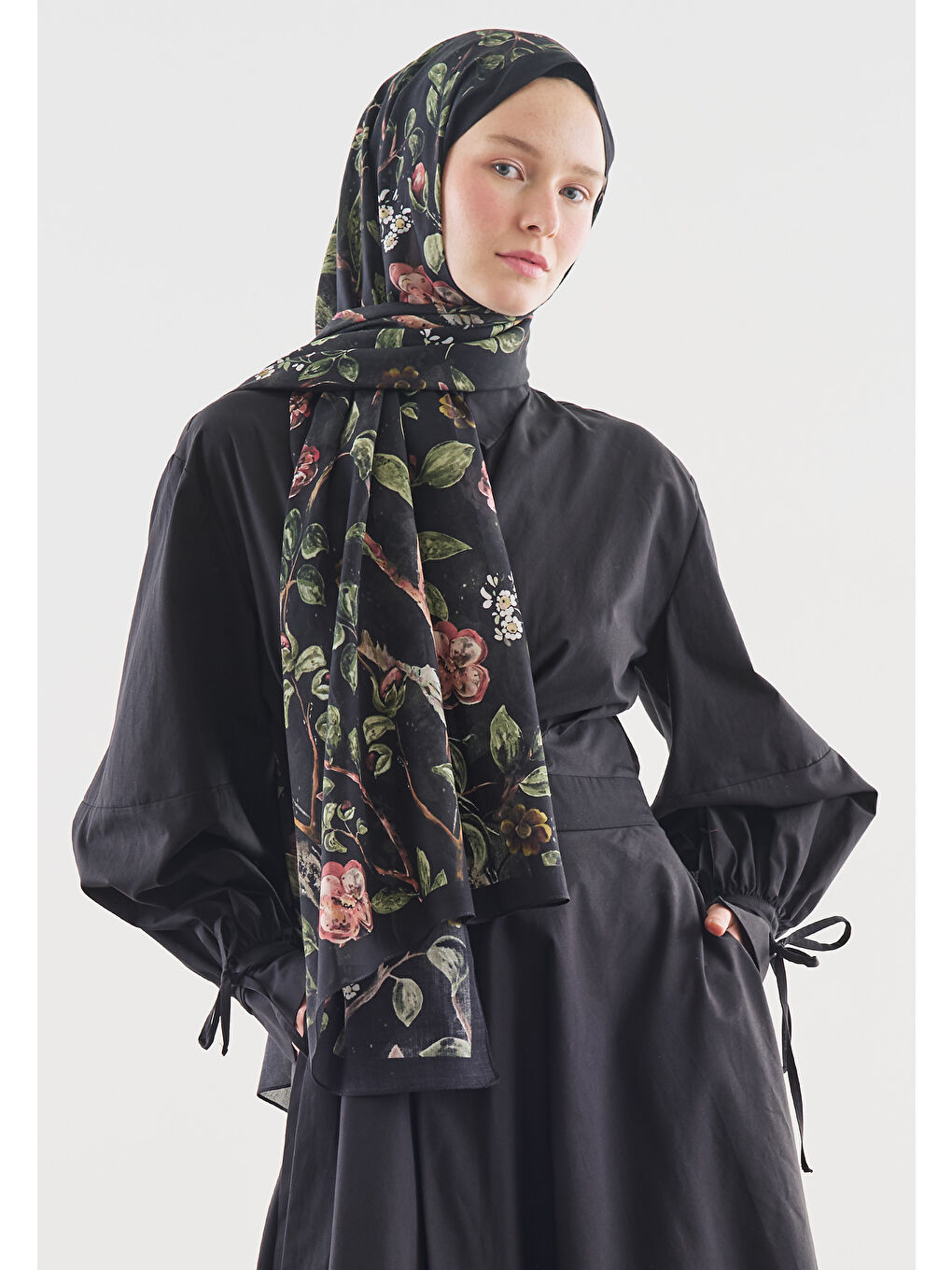 Siyah Flower Raın Desenli Pamuk Viskon Şal-2