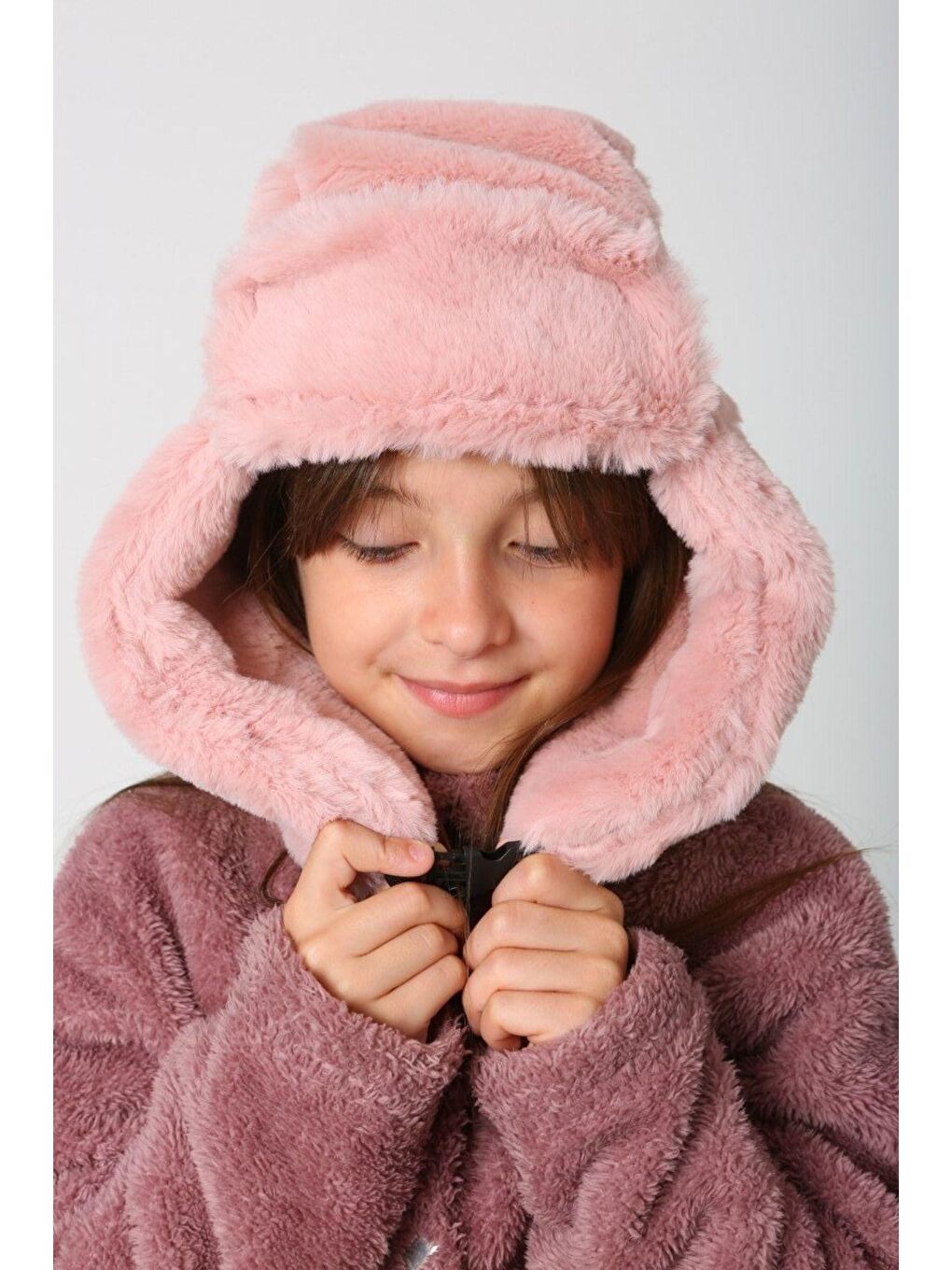 Pembe Kız Çocuk Çıtçıtlı Pudra Kürklü Kulaklıklı Pelüş Bere Şapka Bere1114
