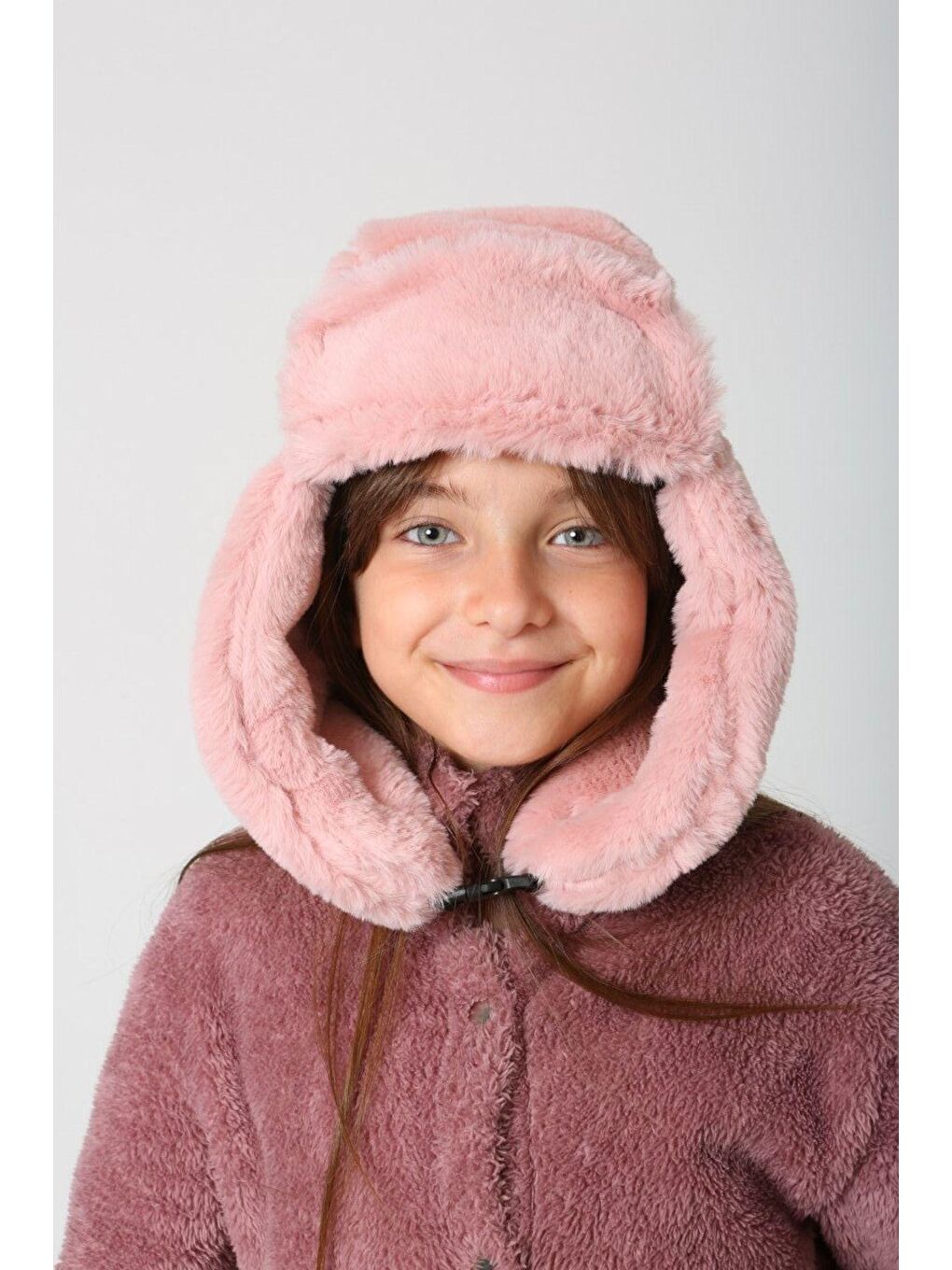 Pembe Kız Çocuk Çıtçıtlı Pudra Kürklü Kulaklıklı Pelüş Bere Şapka Bere1114-1