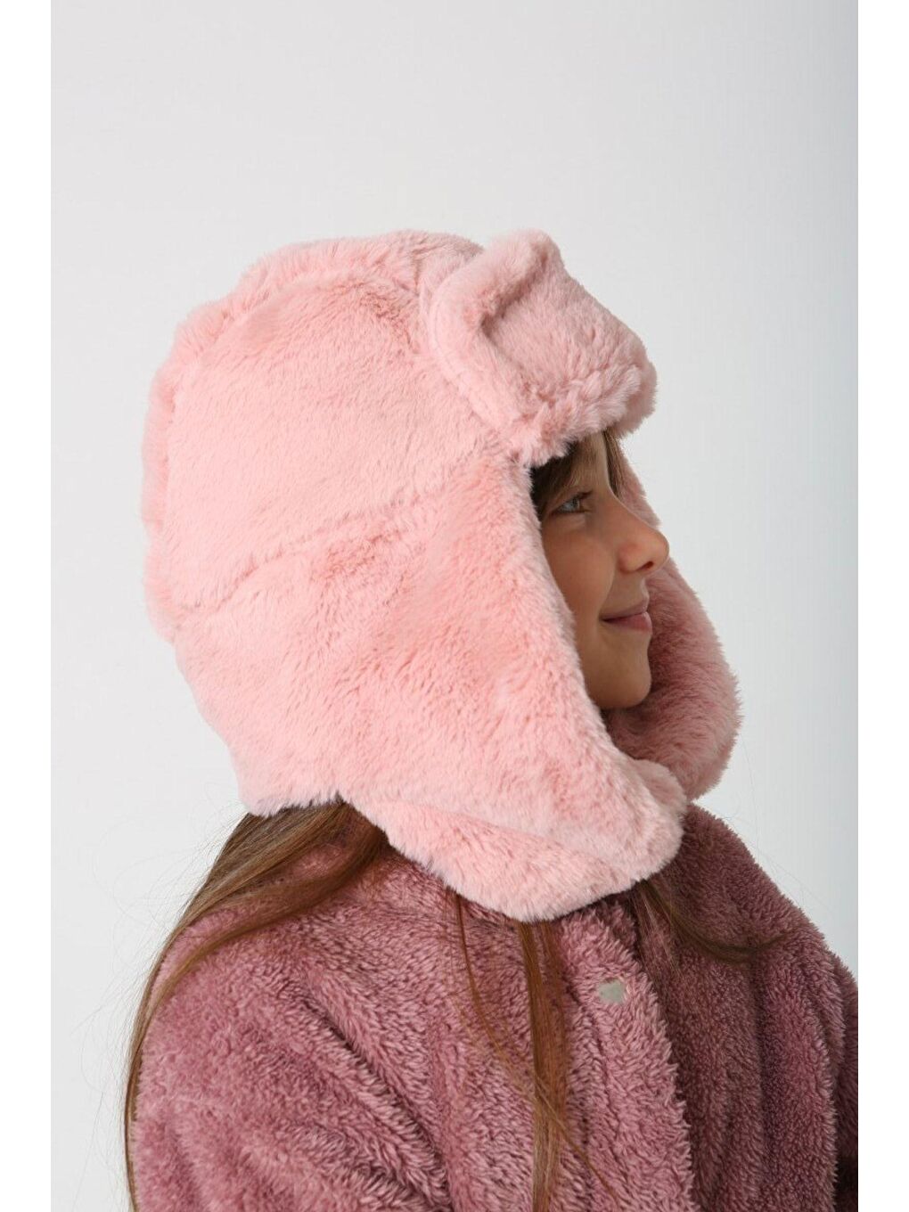 Pembe Kız Çocuk Çıtçıtlı Pudra Kürklü Kulaklıklı Pelüş Bere Şapka Bere1114-2