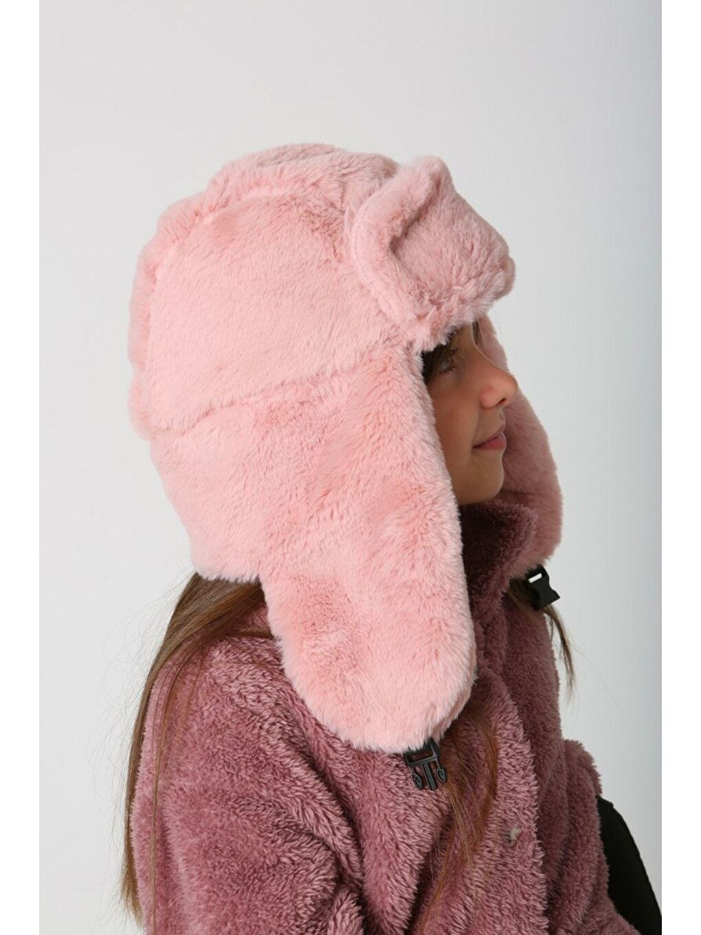 Pembe Kız Çocuk Çıtçıtlı Pudra Kürklü Kulaklıklı Pelüş Bere Şapka Bere1114-4