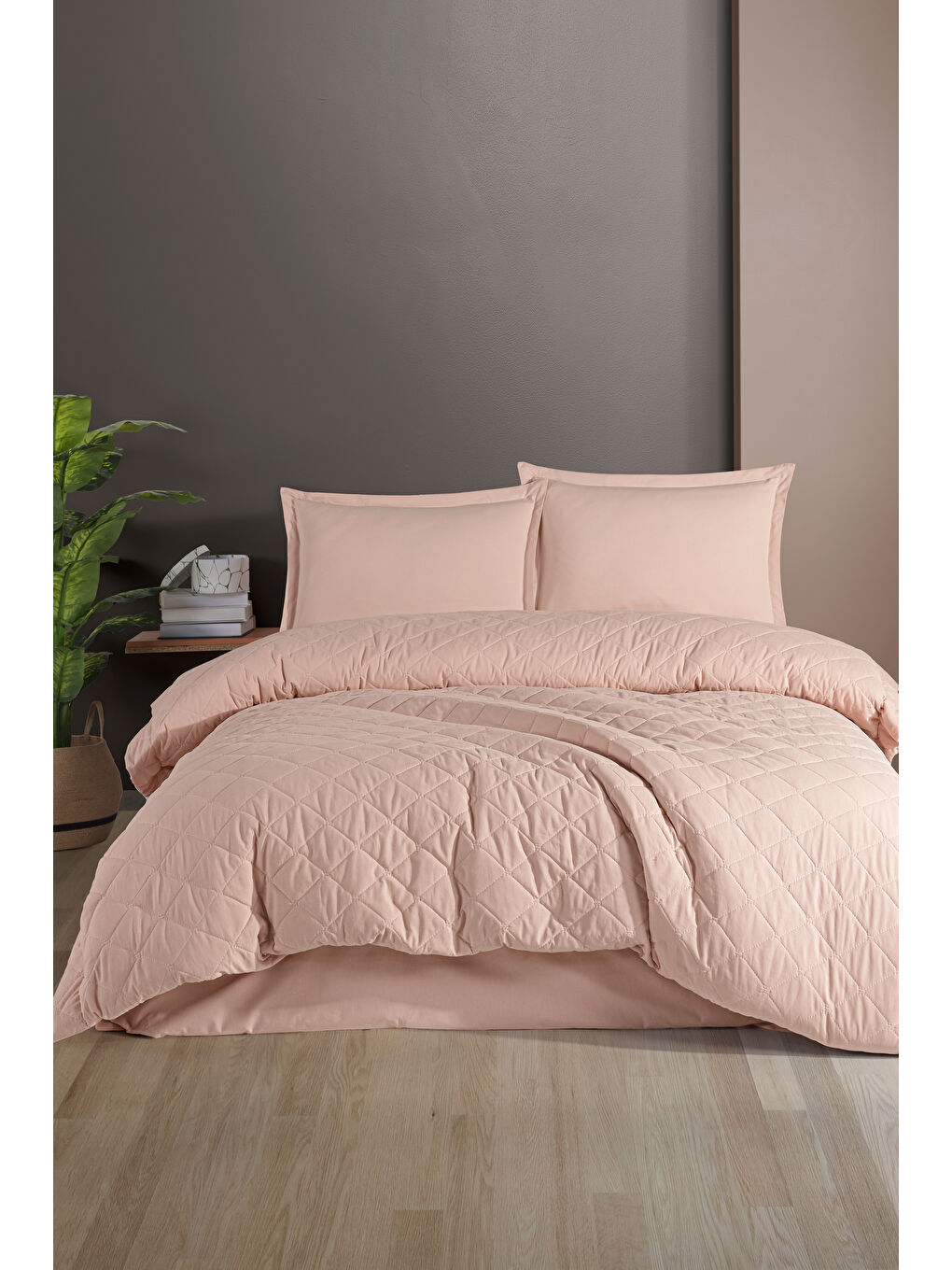 Pembe Ranforce %100 Pamuk Tek Kişilik Dört Mevsim Kapitoneli Nevresim Takımı Etta Pudra