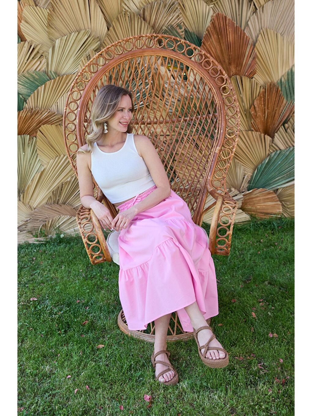 Pembe Terikoton Kumaş Fırfırlı Etek-3