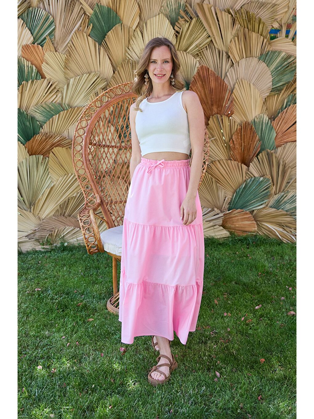 Pembe Terikoton Kumaş Fırfırlı Etek-4