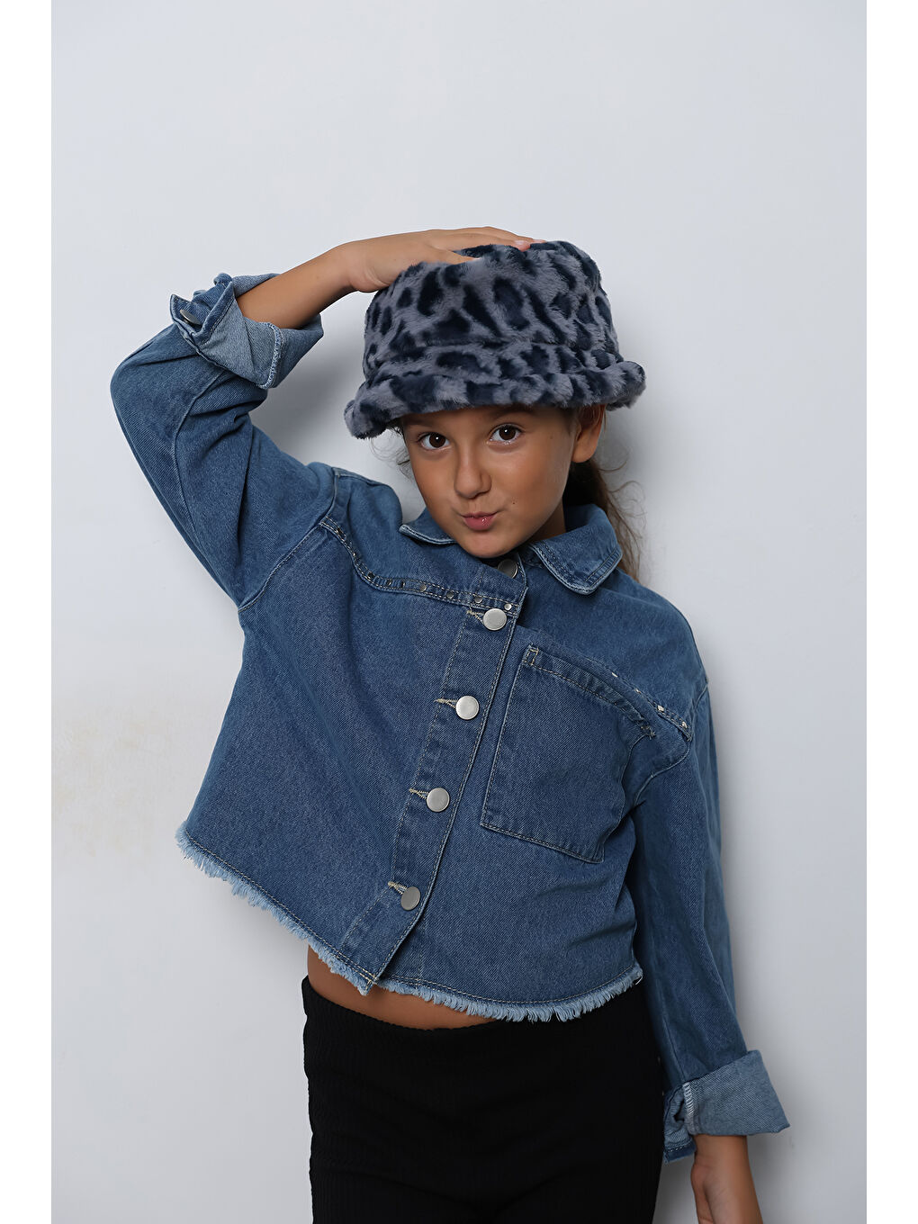 Luminos Butik Kız Çocuk Indigo Leopar Desenli Pelüş Bucket Kova Şapka Spk1140