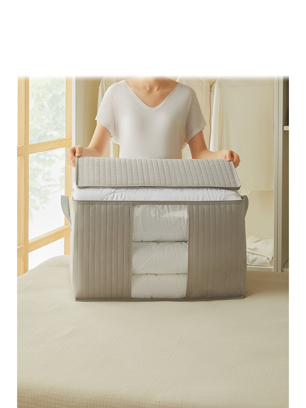 Büyük Boy Pvc Pencereli Gri Renk Kapitone Hurç 60 x 43 x 35 cm-1