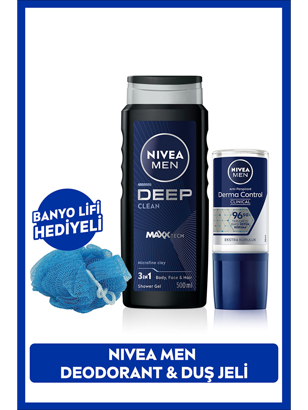 NIVEA MEN Erkek Duş Jeli Deep Dimension 500ml ve Rollon Deodorant Derma Control Clinical50ml,Sünger Hediye