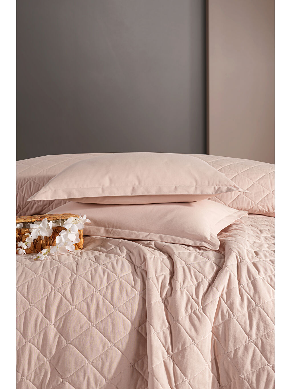 Pembe Ranforce %100 Pamuk Tek Kişilik Dört Mevsim Kapitoneli Nevresim Takımı Etta Pudra-1