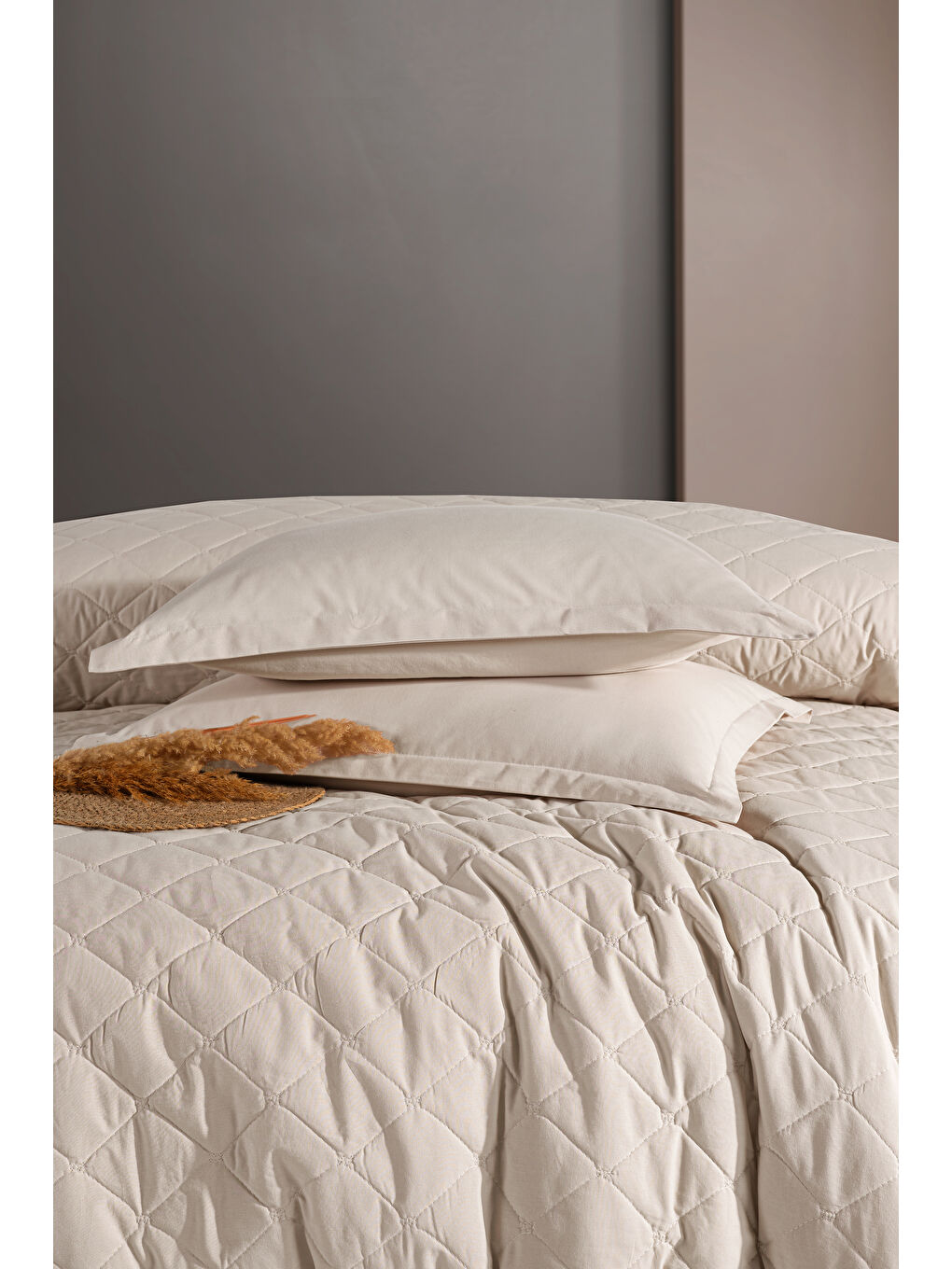 Bej Ranforce %100 Pamuk Çift Kişilik Dört Mevsim Kapitoneli Nevresim Takımı Etta Taş Rengi-1