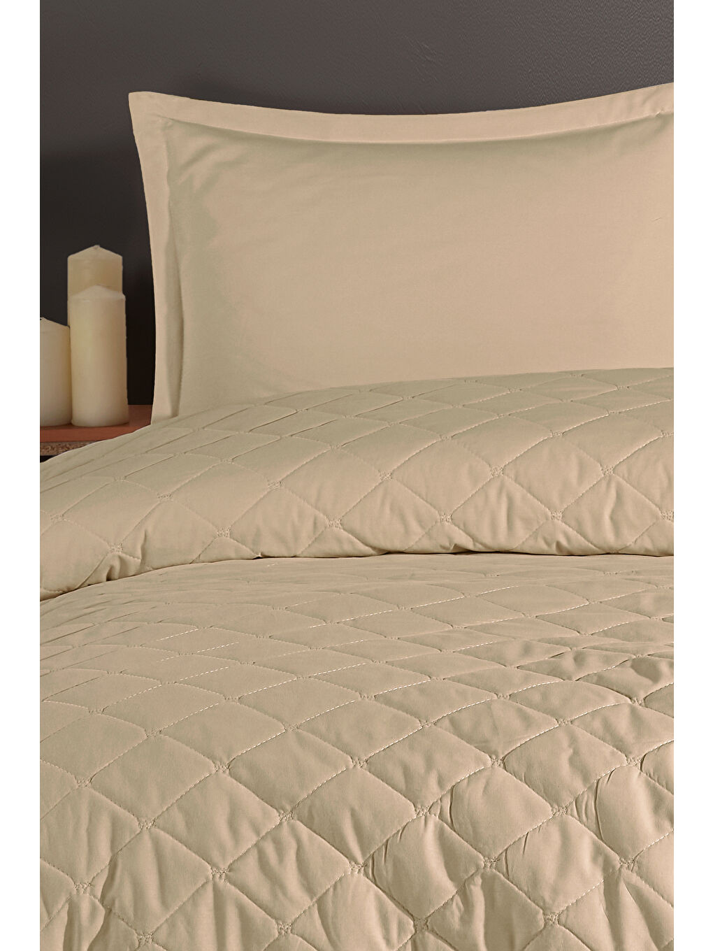 Bej Ranforce %100 Pamuk Çift Kişilik Dört Mevsim Kapitoneli Nevresim Takımı Etta-2