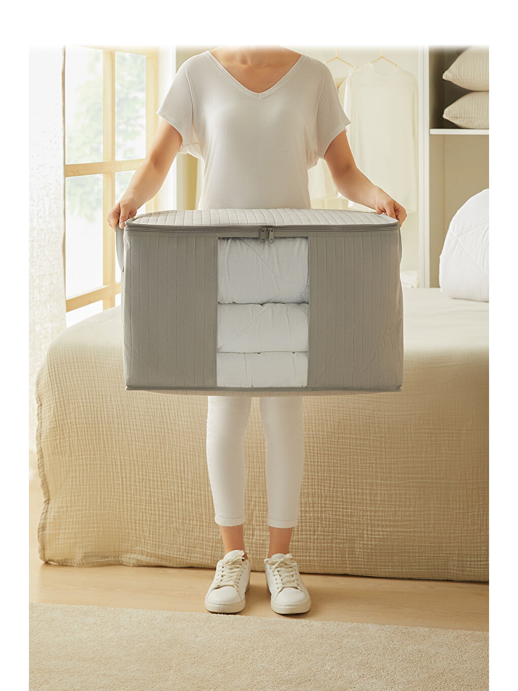 Büyük Boy Pvc Pencereli Gri Renk Kapitone Hurç 60 x 43 x 35 cm-2