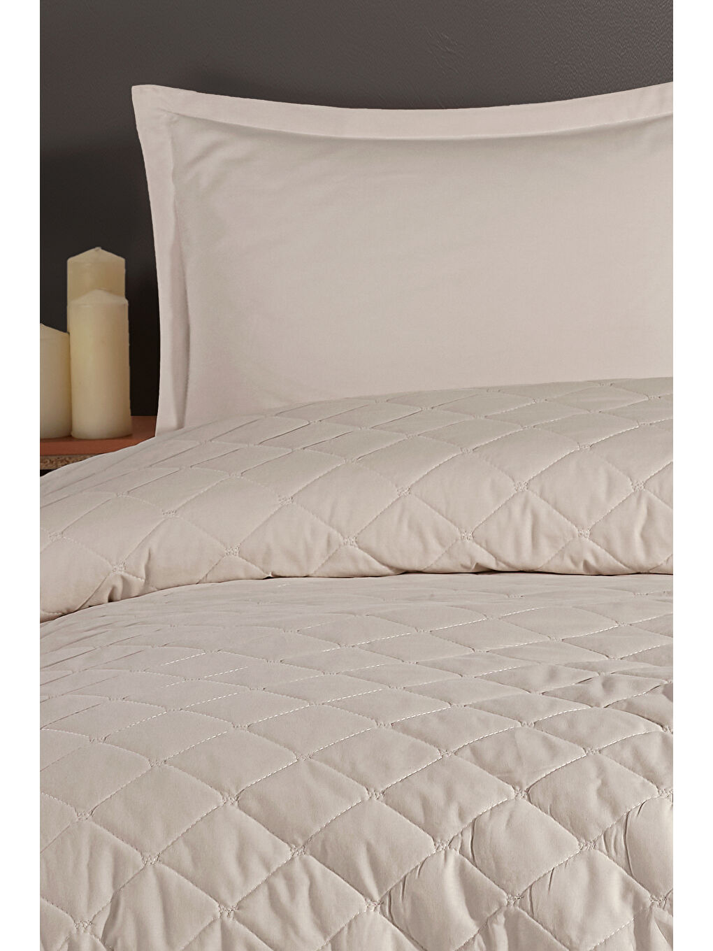 Bej Ranforce %100 Pamuk Tek Kişilik Dört Mevsim Kapitoneli Nevresim Takımı Etta Taş Rengi-2