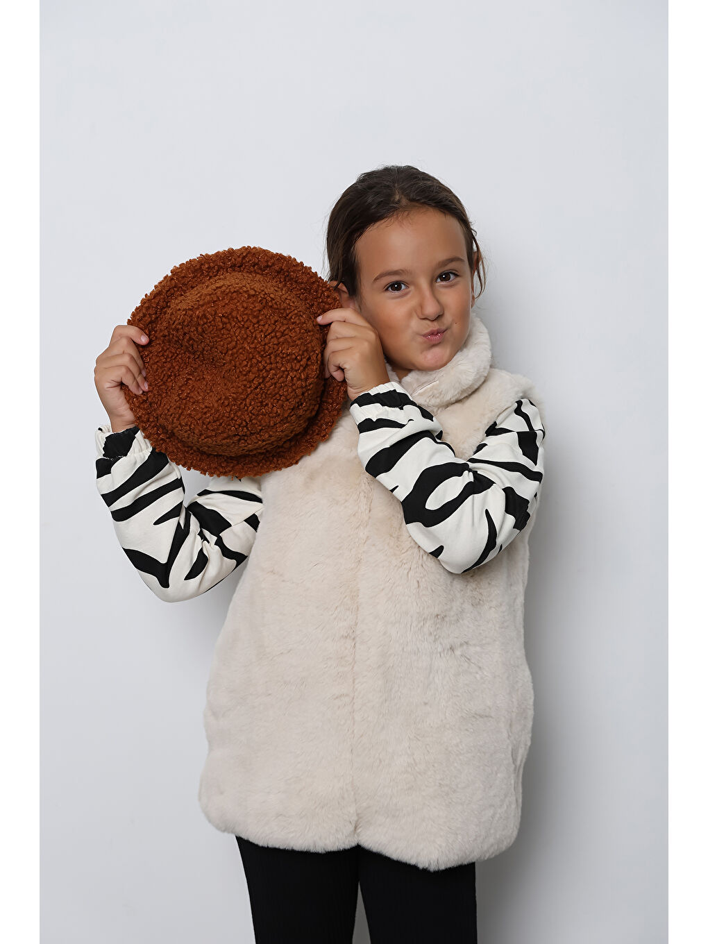 Luminos Butik Kahverengi Kız Çocuk Kiremit Kıvırcık Pelüş Bucket Kova Şapka Spk1139 - 4
