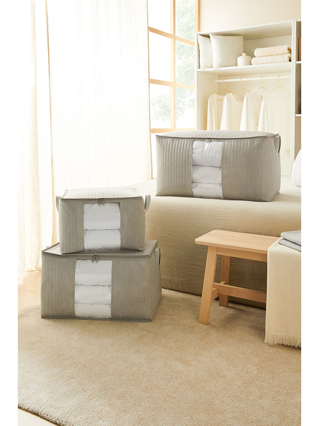 Büyük Boy Pvc Pencereli Gri Renk Kapitone Hurç 60 x 43 x 35 cm-3