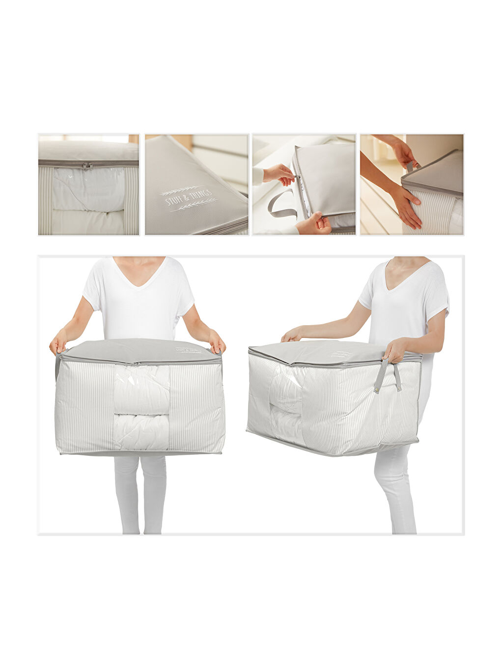 Büyük Boy Pvc Pencereli Gri Çizgili Stuff & Things Hurç 60 x 43 x 35 cm-4