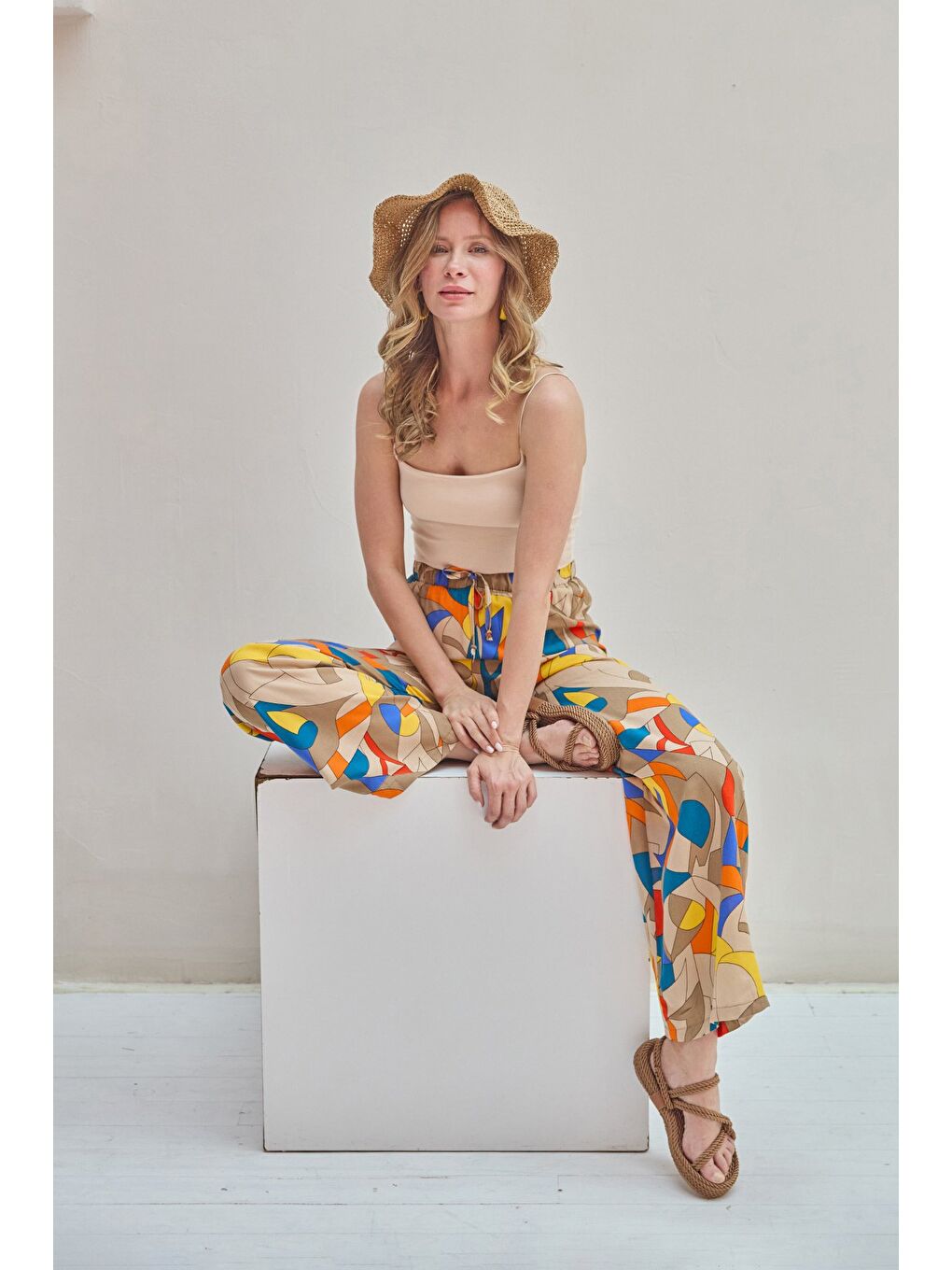 Kahverengi Desenli Beli Lastikli Palazzo Pantolon