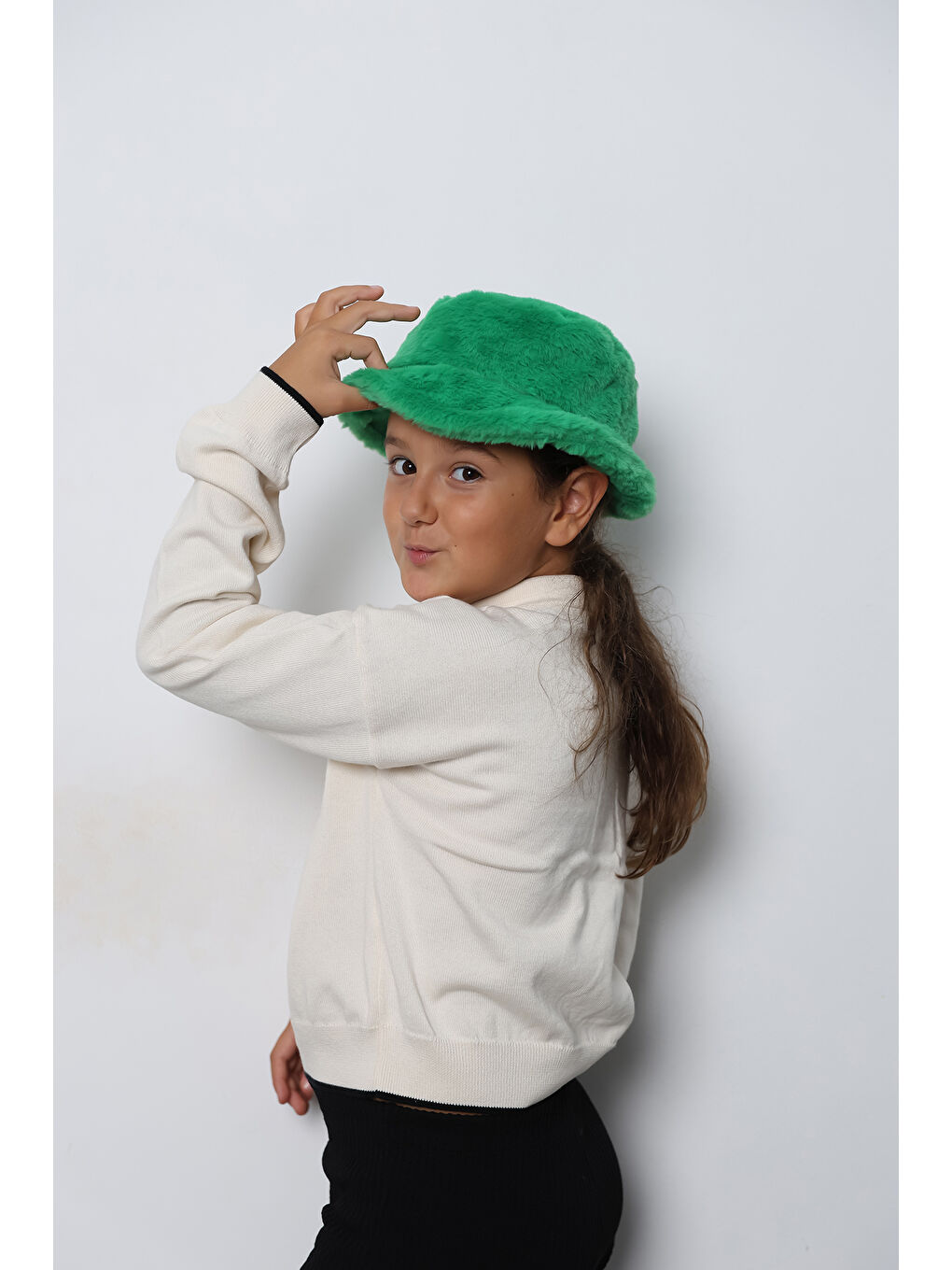 Kız Çocuk Yeşil Pelüş Bucket Kova Şapka Spk1135