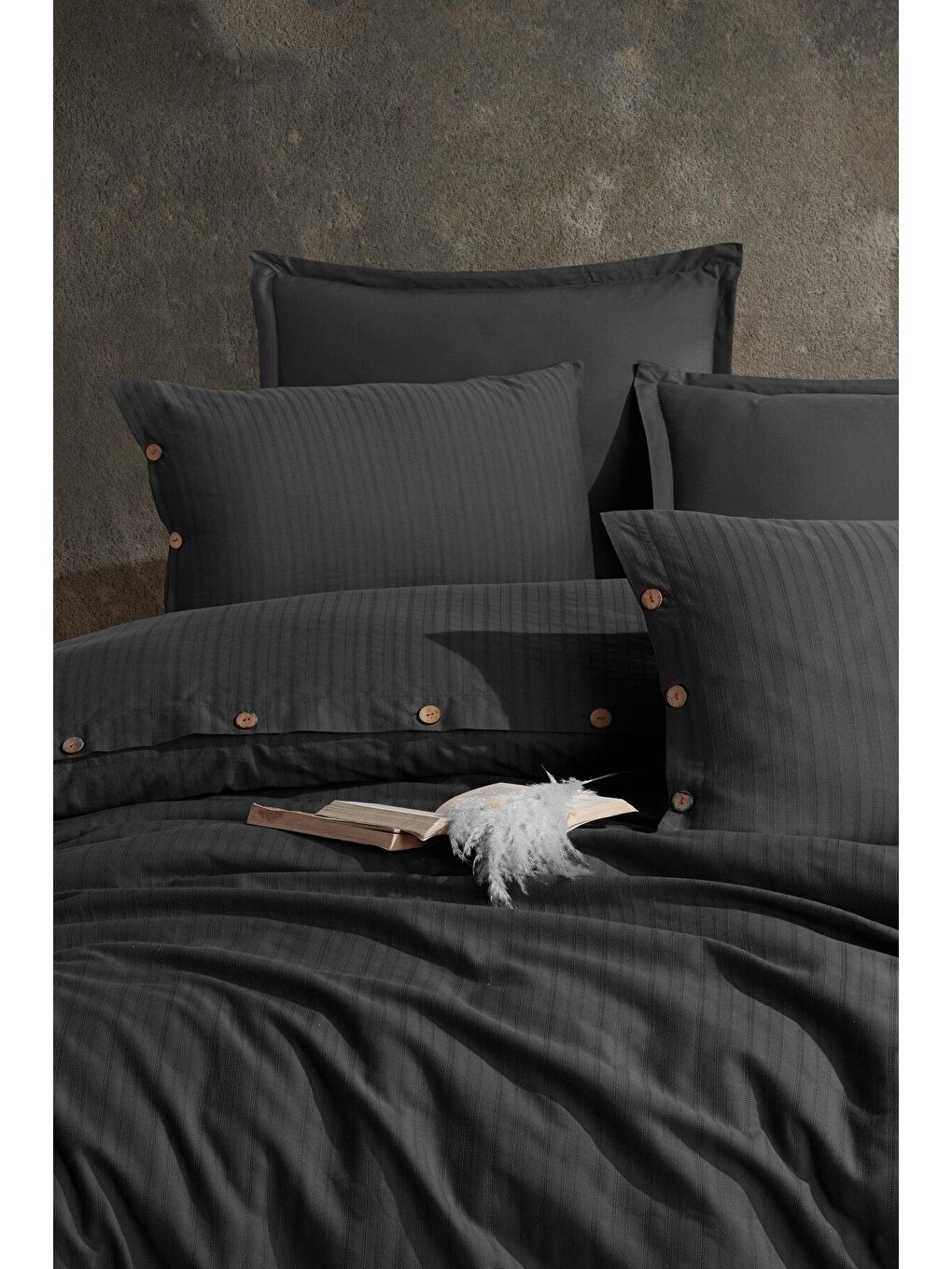 %100 Pamuk Tek Kişilik Düğmeli Nevresim Seti Arsida Antrasit