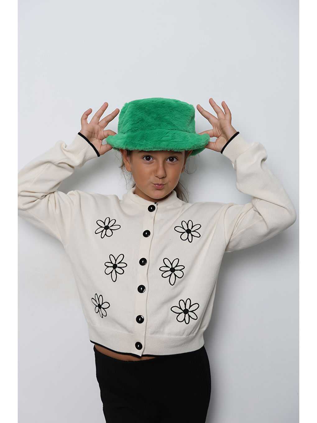 Kız Çocuk Yeşil Pelüş Bucket Kova Şapka Spk1135-1