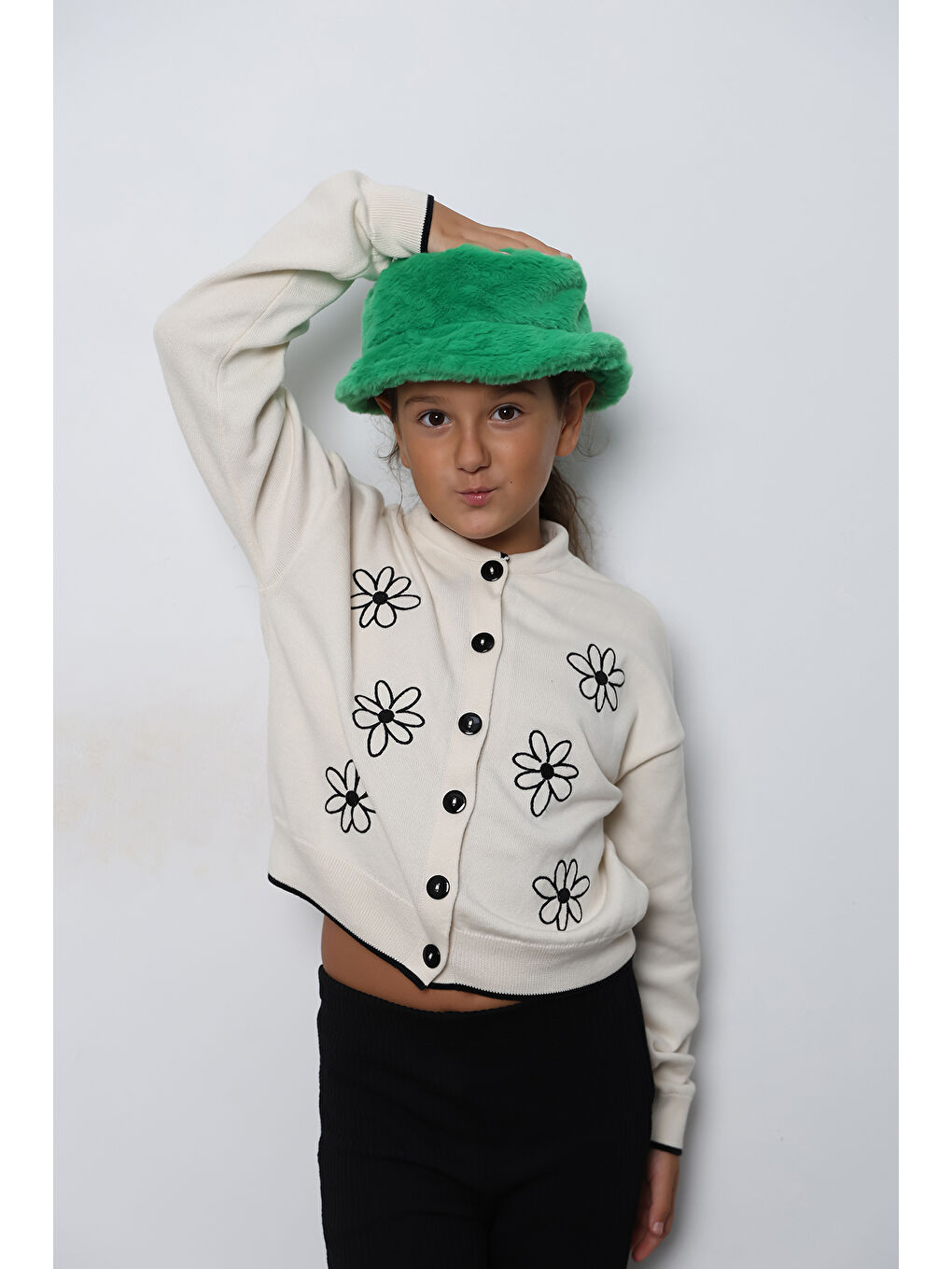 Kız Çocuk Yeşil Pelüş Bucket Kova Şapka Spk1135-3