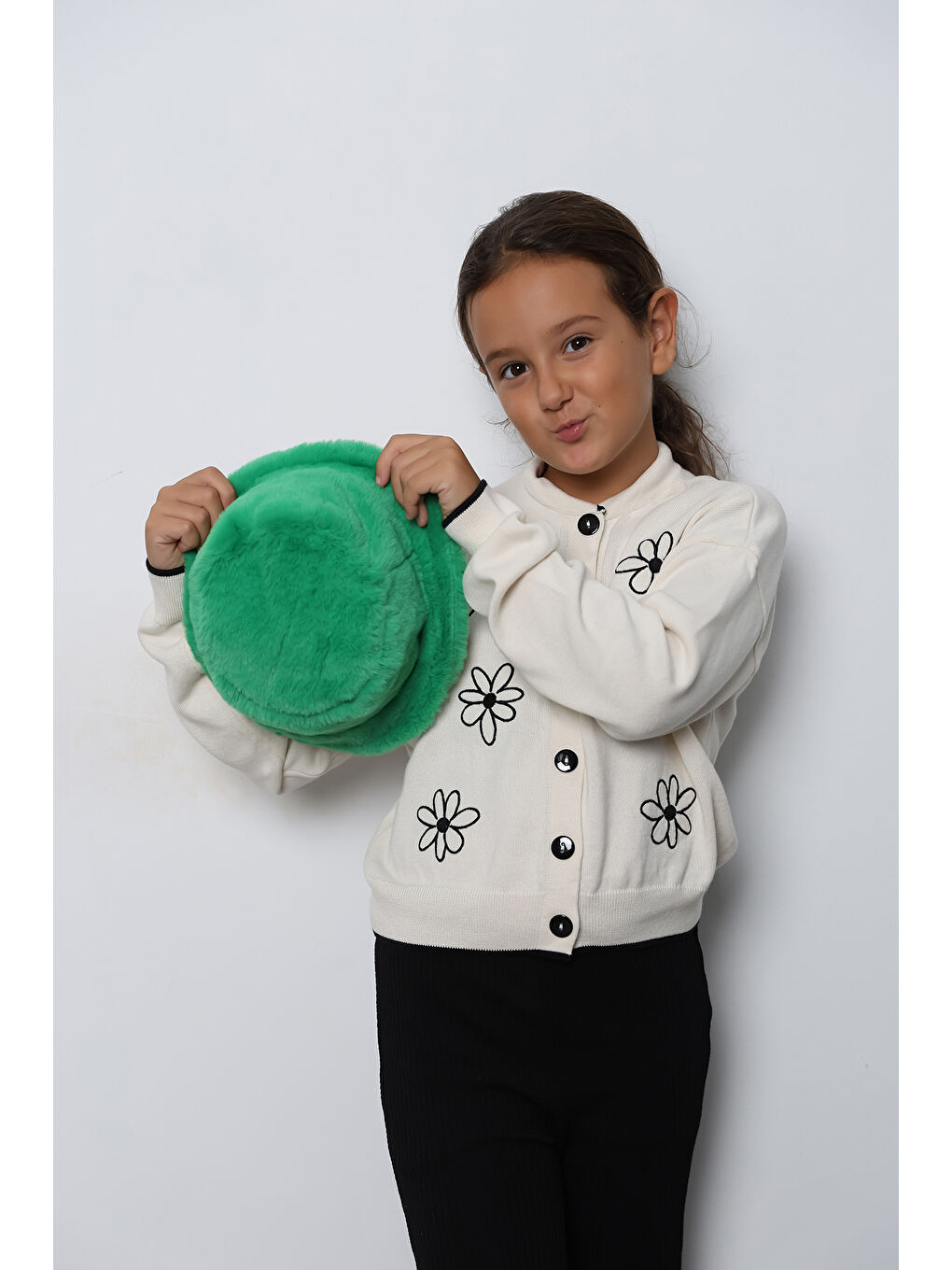 Kız Çocuk Yeşil Pelüş Bucket Kova Şapka Spk1135-4