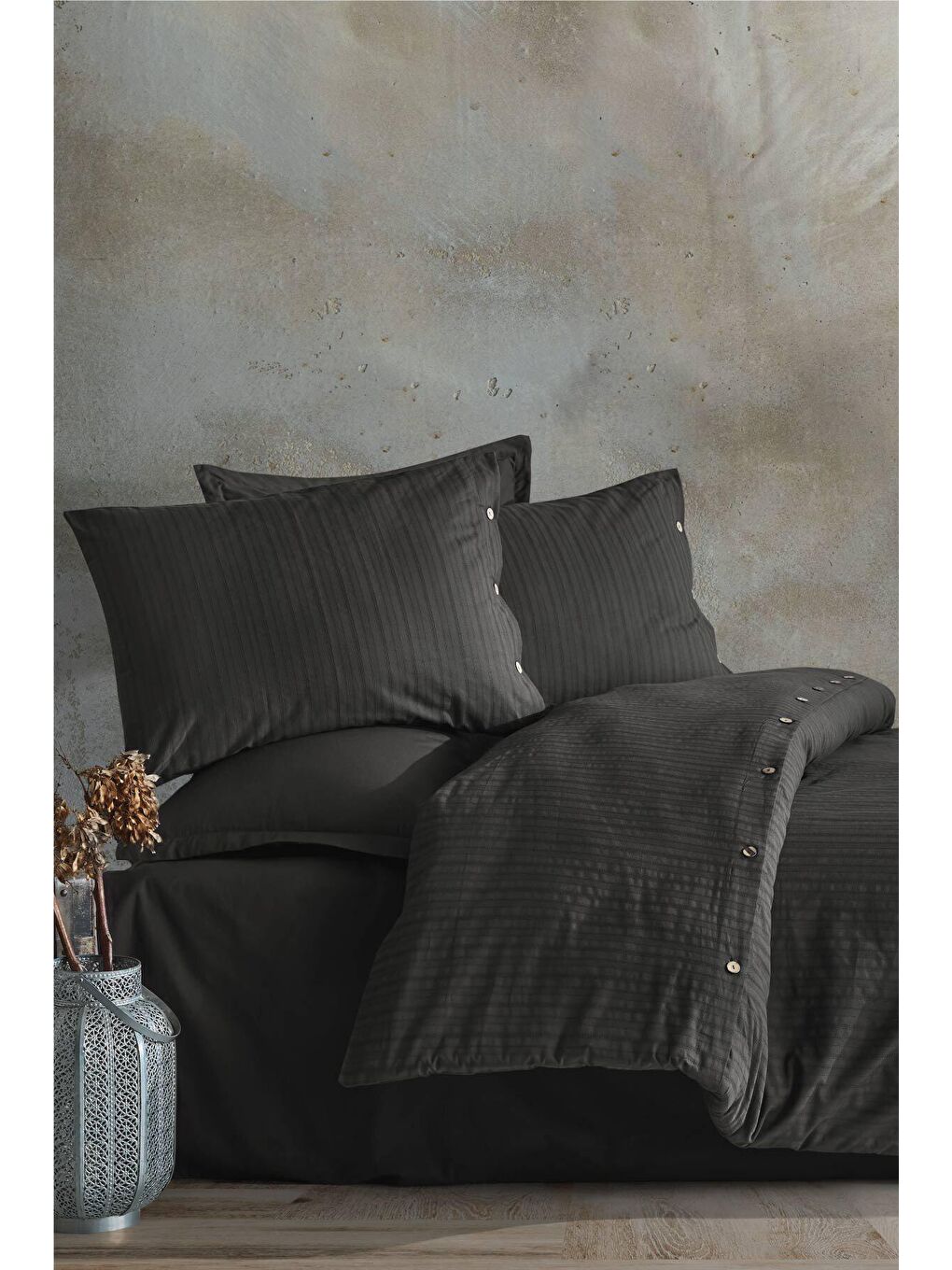 %100 Pamuk Tek Kişilik Düğmeli Nevresim Seti Arsida Antrasit-2