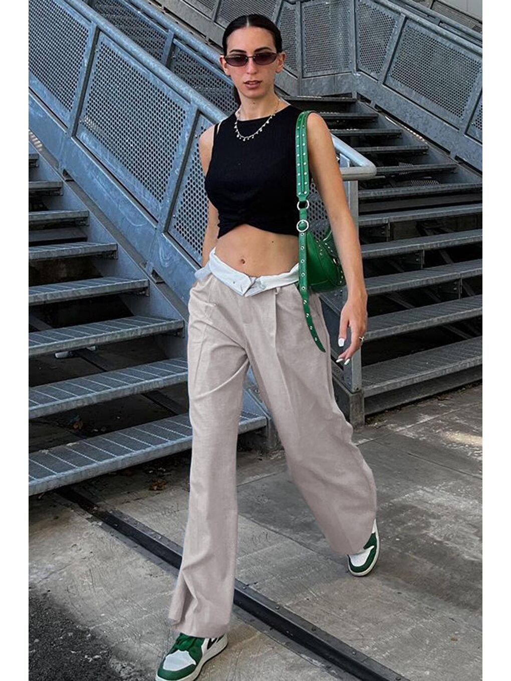 Gri Kemer Detaylı Bol Paça Pantolon Mg1834