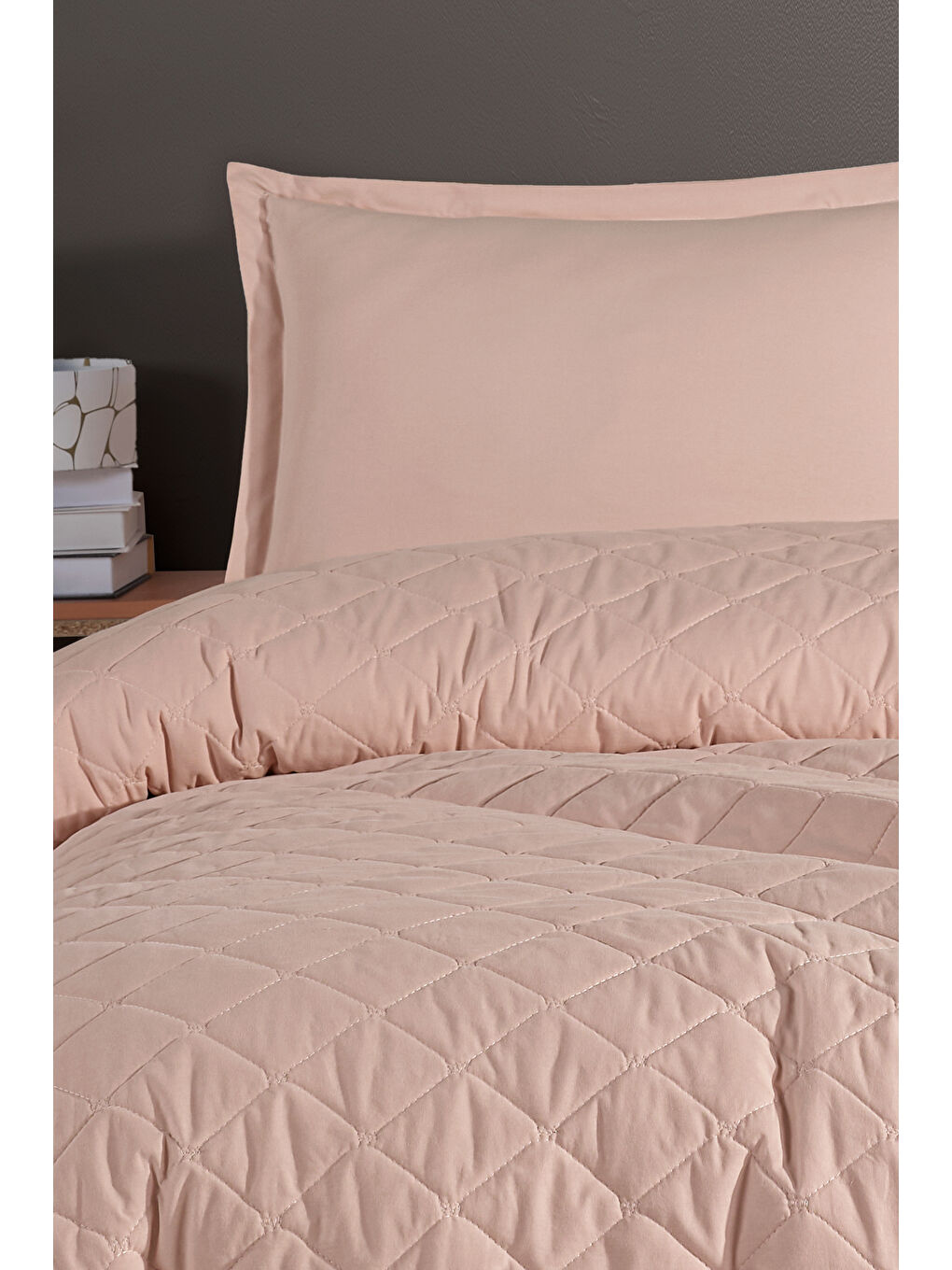 Pembe Ranforce %100 Pamuk Tek Kişilik Dört Mevsim Kapitoneli Nevresim Takımı Etta Pudra-2