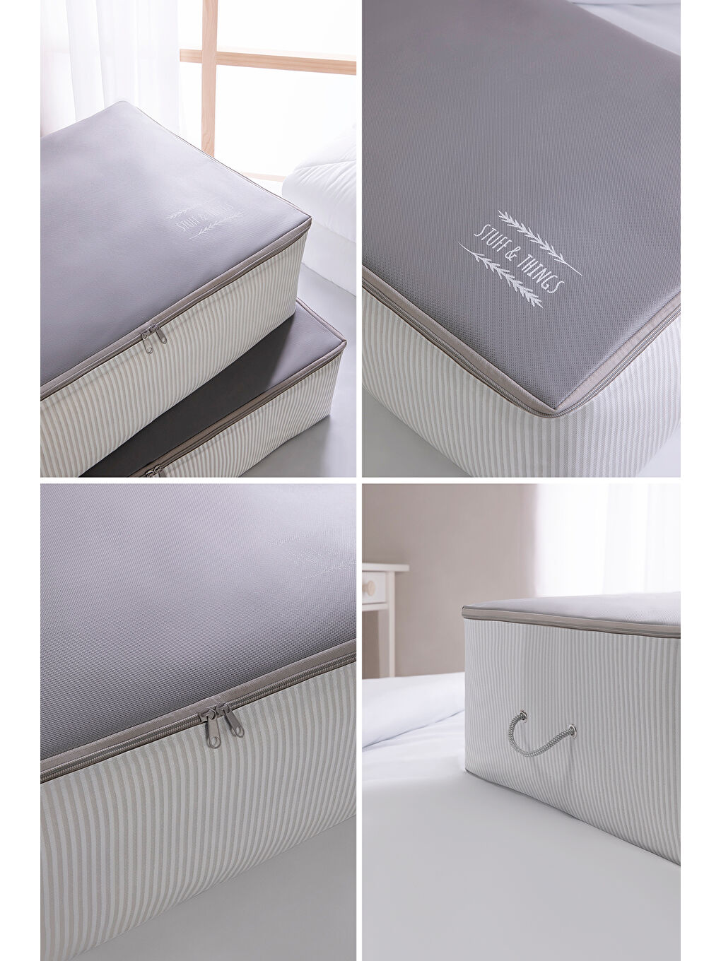 2 Adet Mega Boy Gri Çizgili Stuff&Things Baza Altı Hurç Set 74 x 46 x 22 cm-2