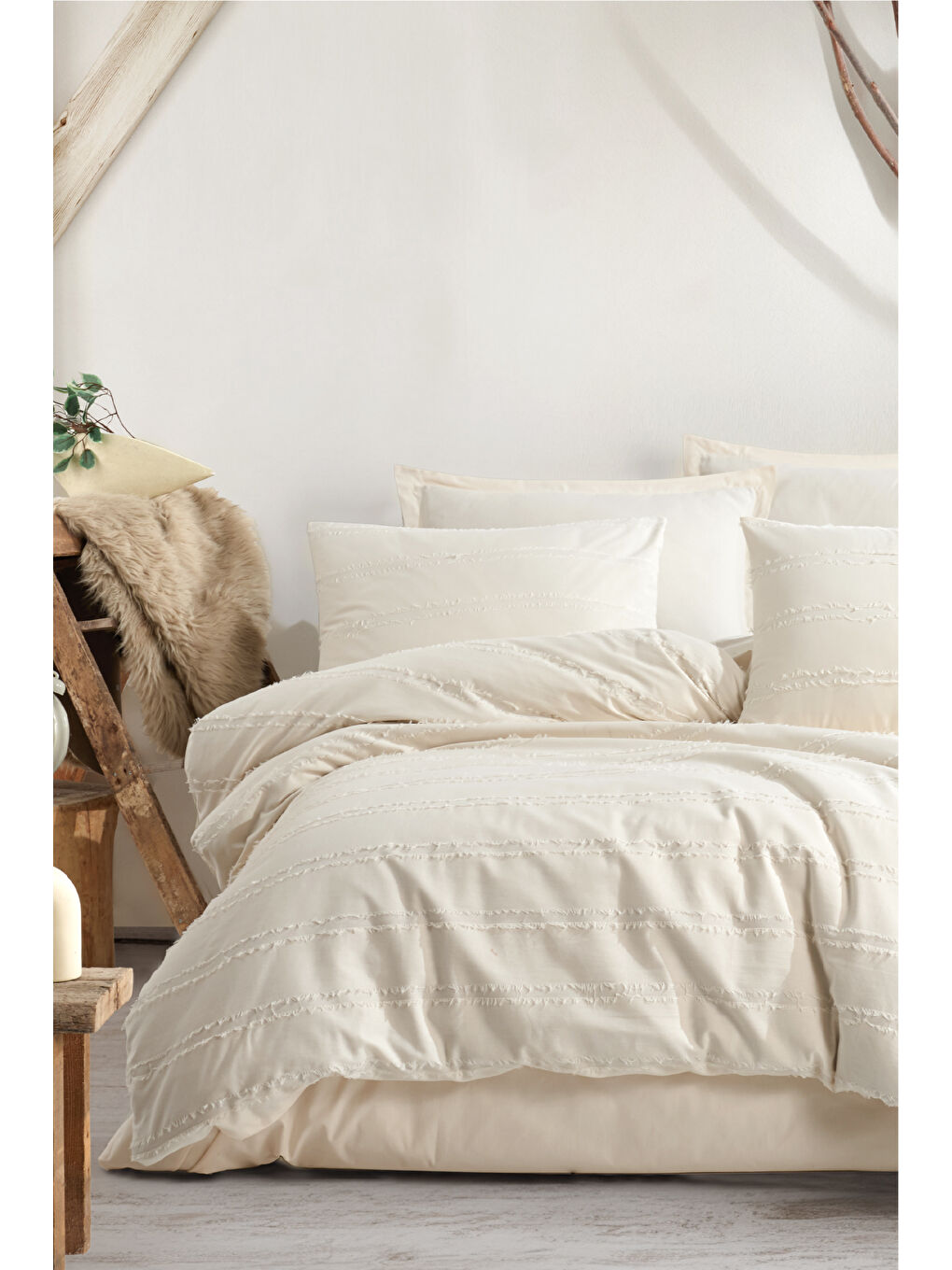 Ranforce %100 Pamuk Tek Kişilik Saçaklı Nevresim Seti Avola Ekru-3