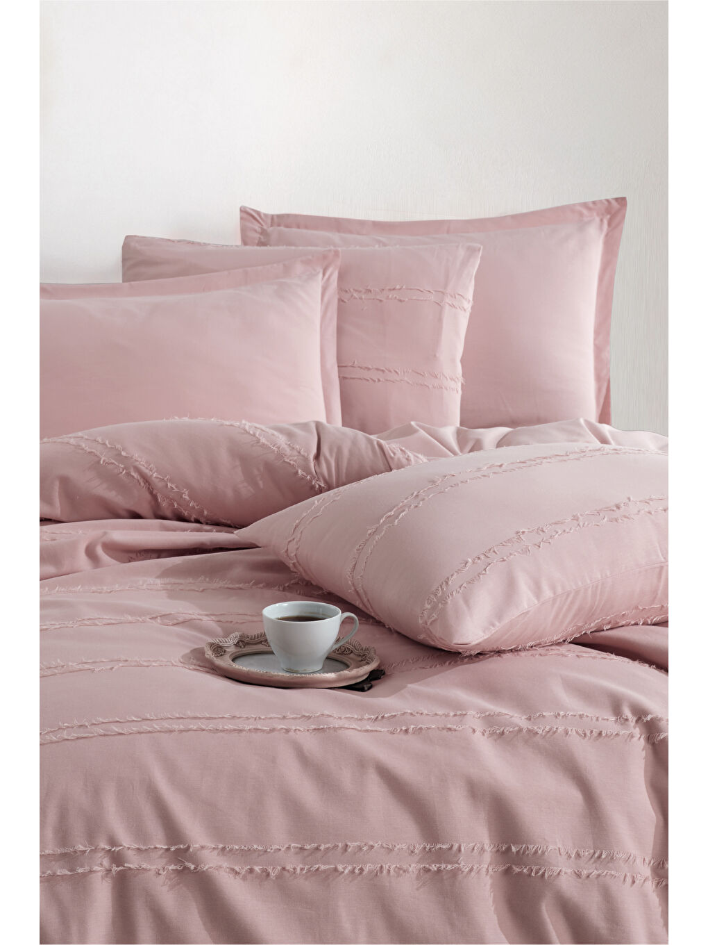 Pembe Ranforce %100 Pamuk Çift Kişilik Saçaklı Nevresim Seti Avola Pudra