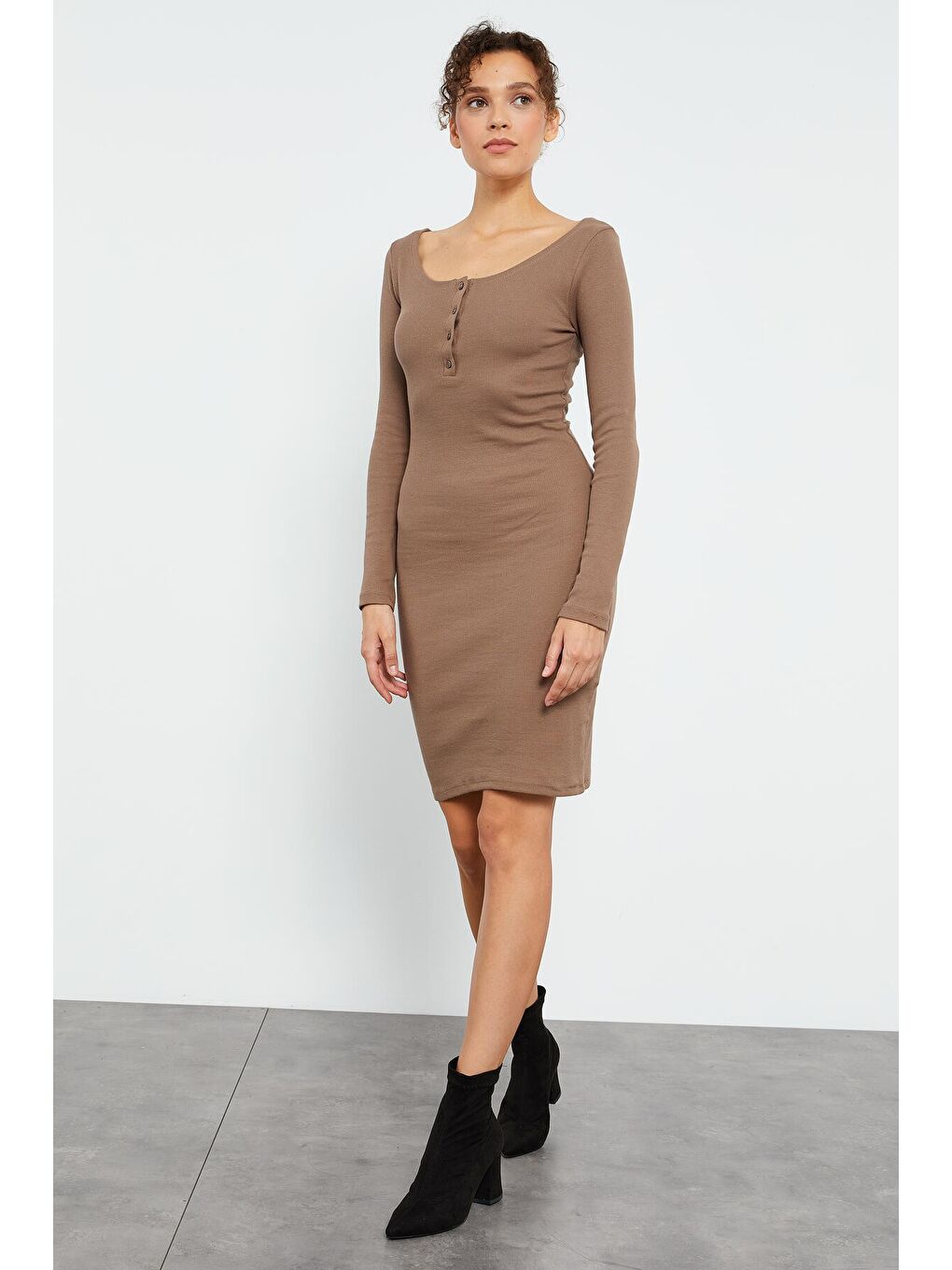 Bej Kaşkorse Triko Dar Kalıp Patlı Yaka Kadın Elbise - 97116